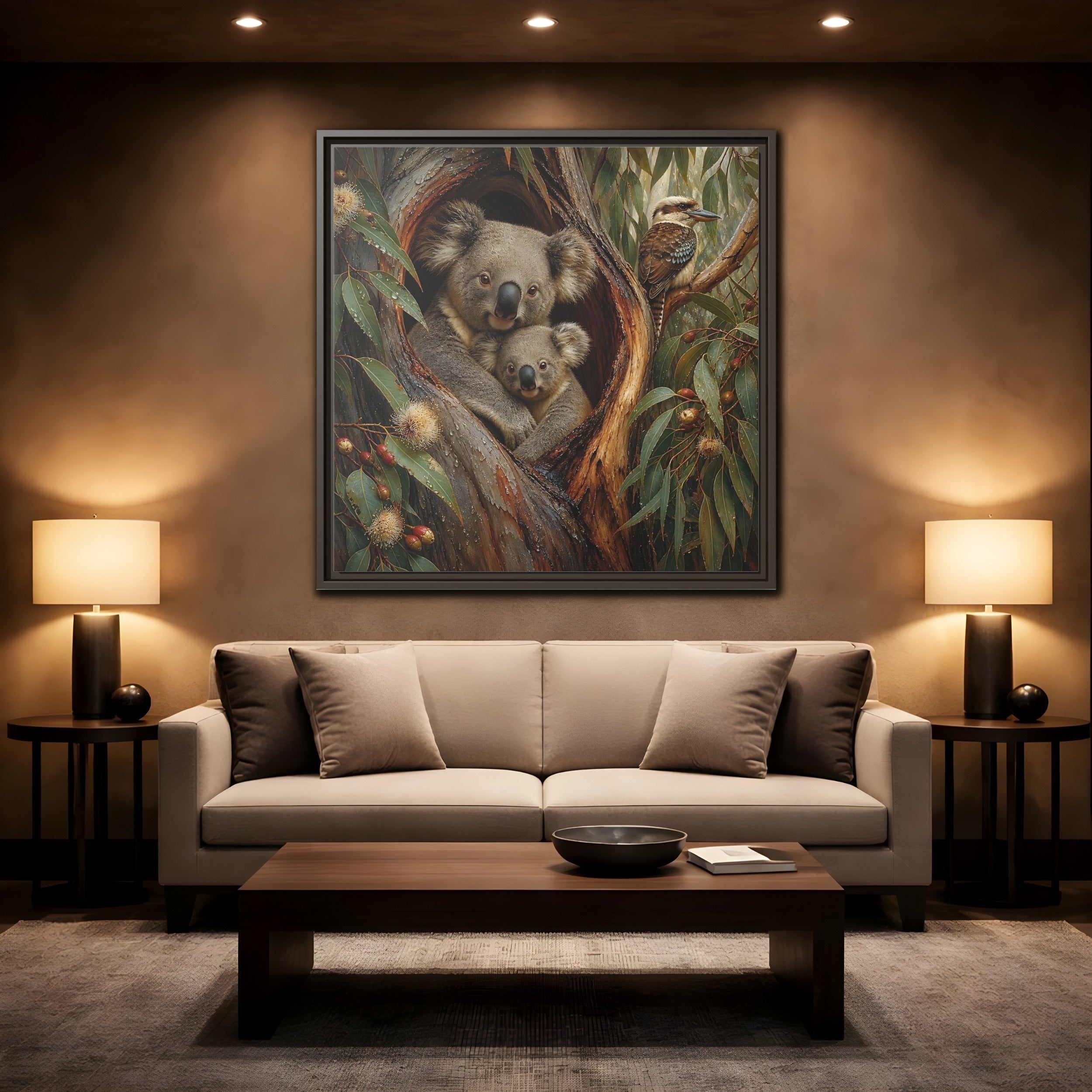 Mockup 2. Animals Koala Family Koala Eucalyptus Art shown as stretched canvas wall art