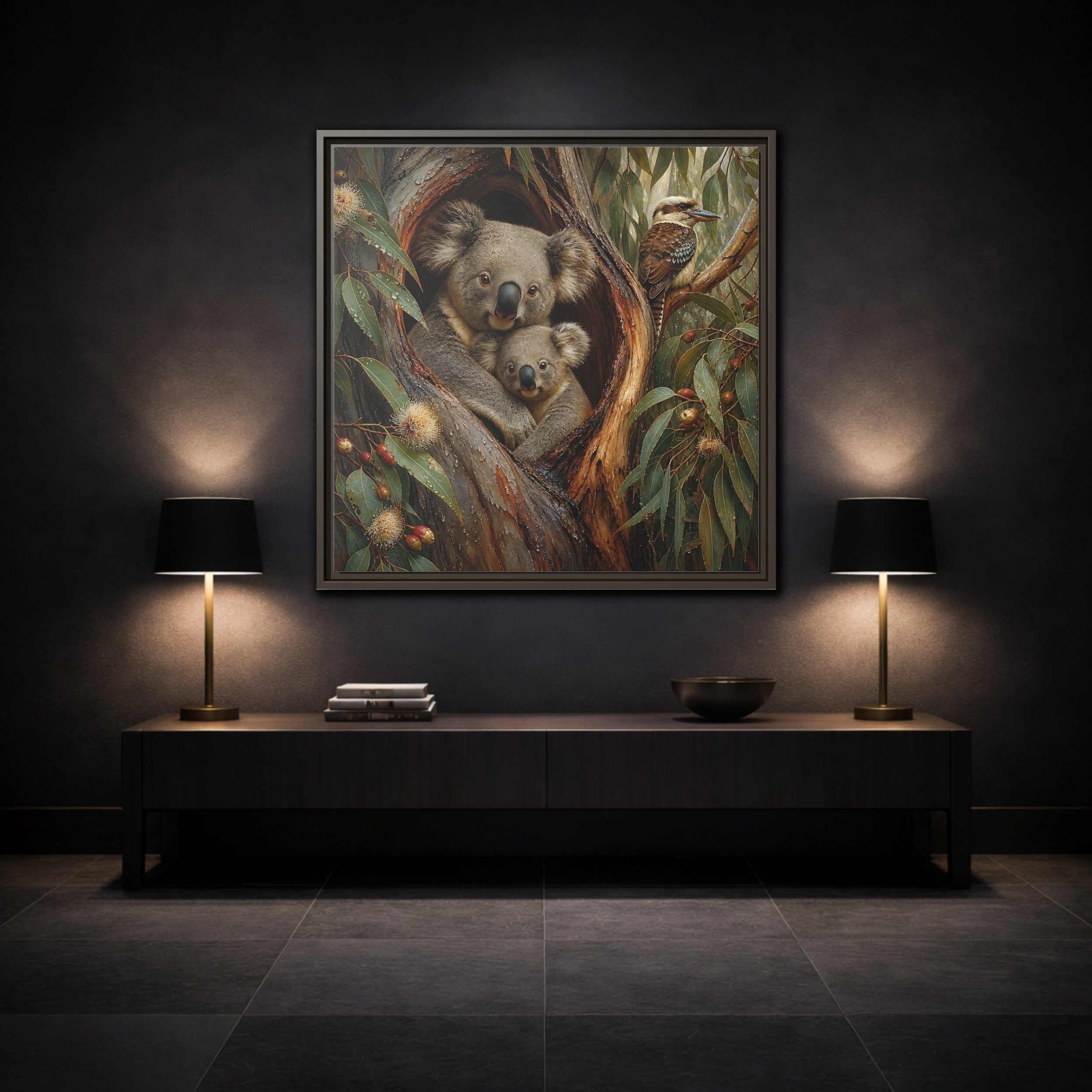 Mockup 3. Animals Koala Family Koala Eucalyptus Art shown as stretched canvas wall art