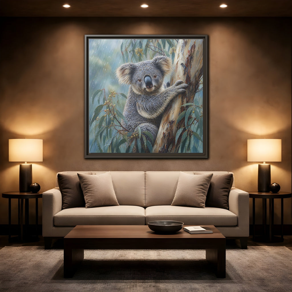 Mockup 2. Animals Koala Wet Koala shown as stretched canvas wall art