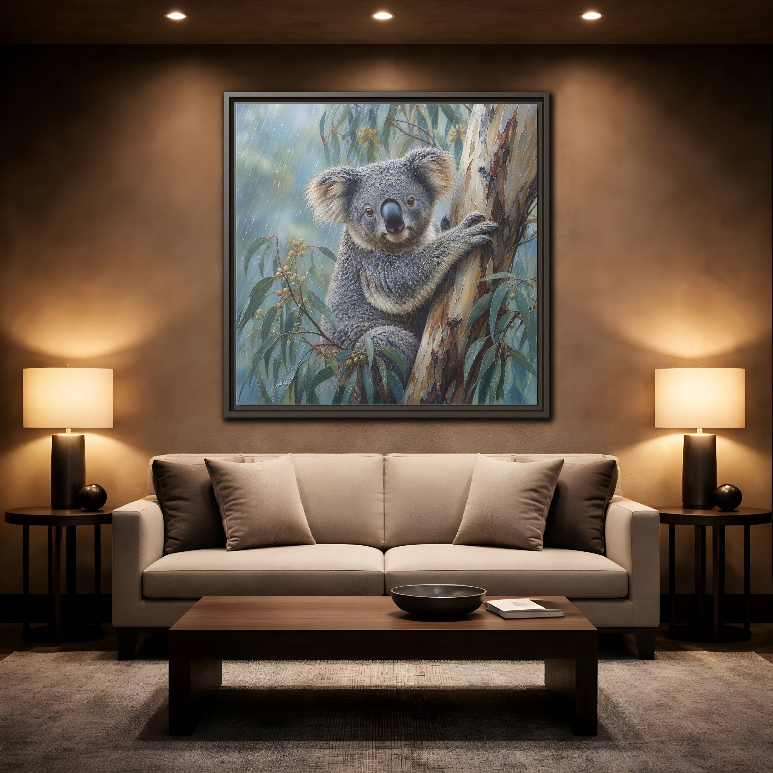 Mockup 2. Animals Koala Wet Koala shown as stretched canvas wall art