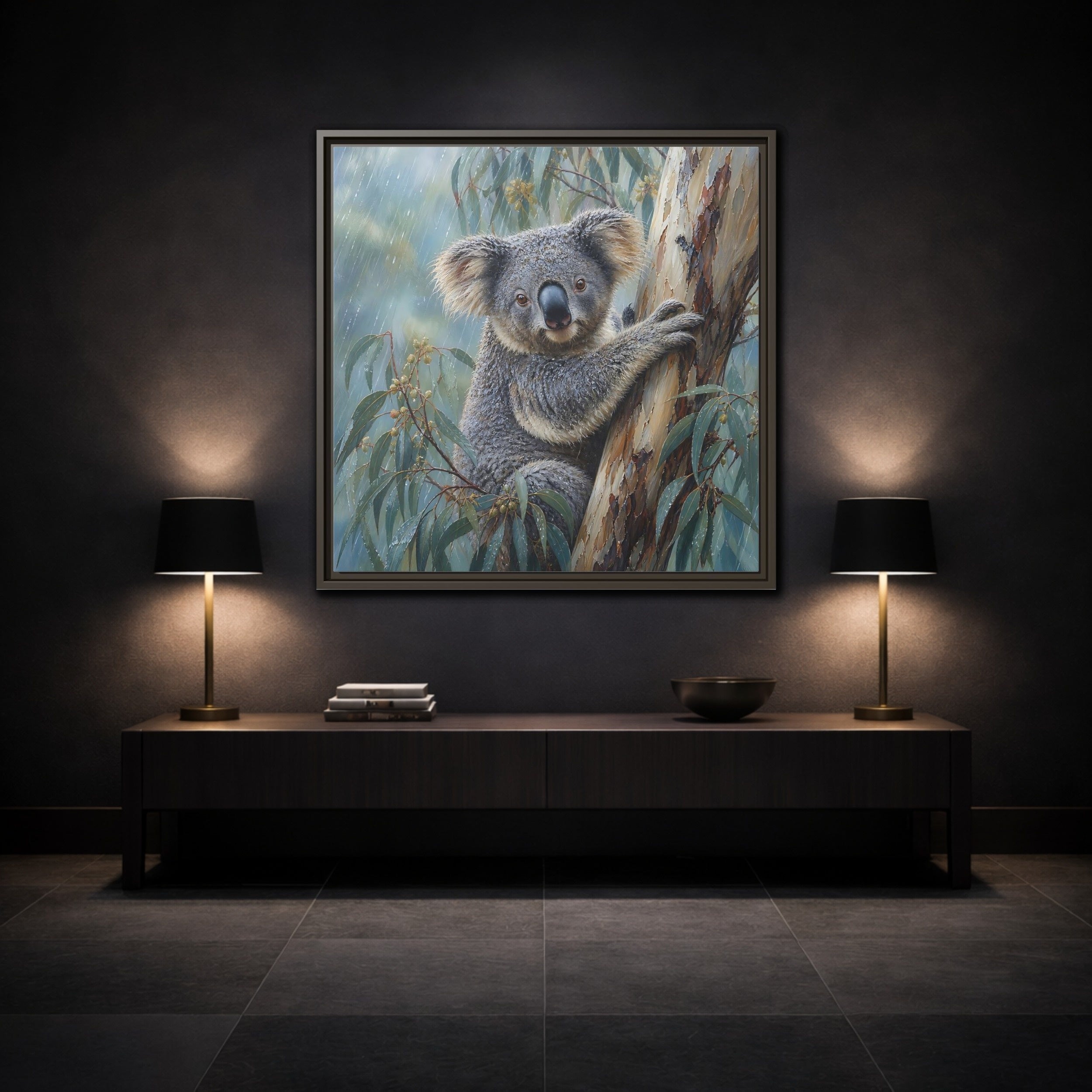 Mockup 3. Animals Koala Wet Koala shown as stretched canvas wall art