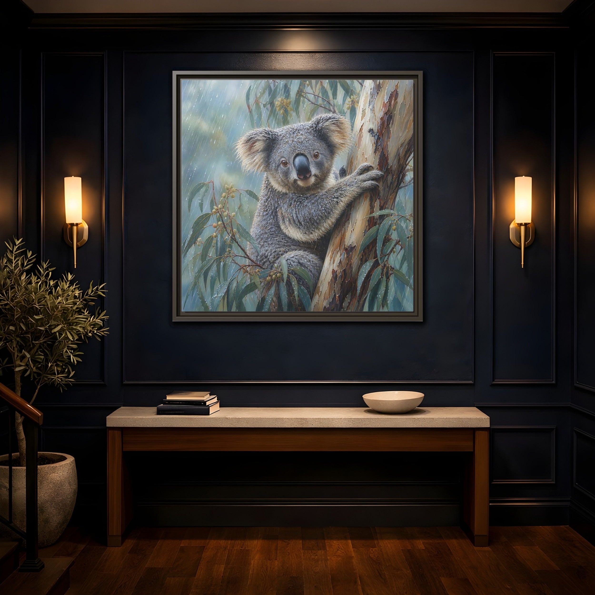 Mockup 4. Animals Koala Wet Koala shown as stretched canvas wall art