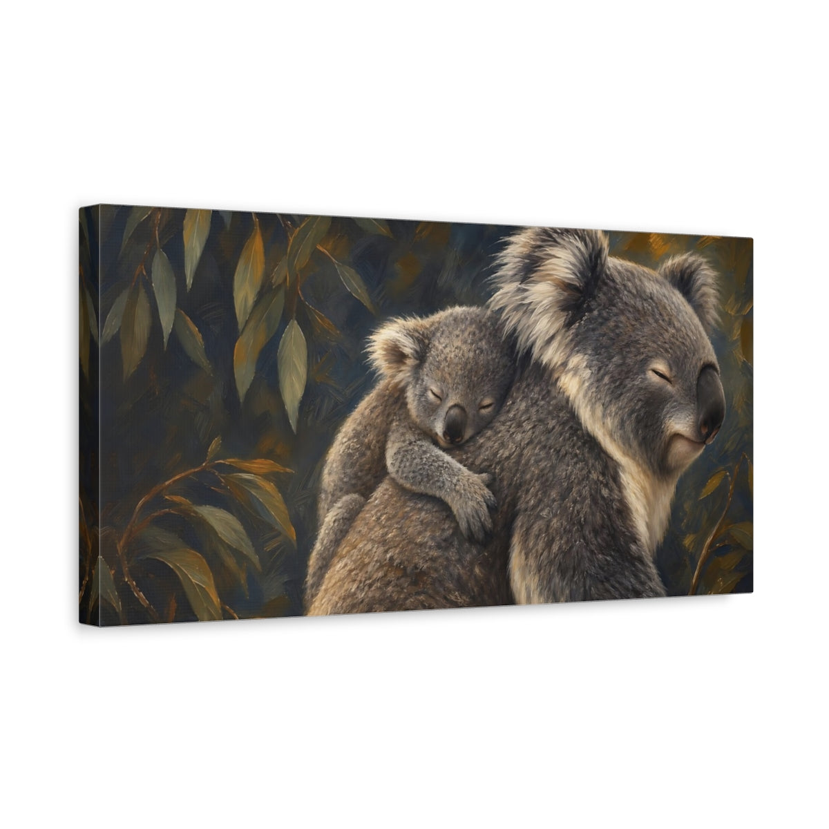 Side Mockup 3. Animals Koalas Koala Family shown as stretched canvas wall art