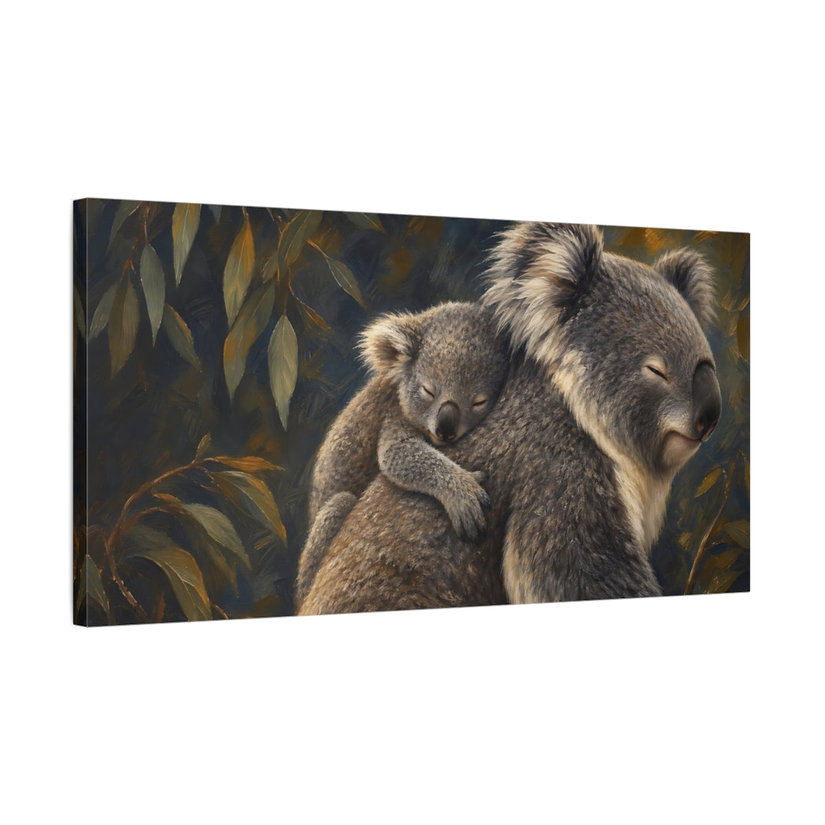 Side Mockup 1. Animals Koalas Koala Family shown as stretched canvas wall art