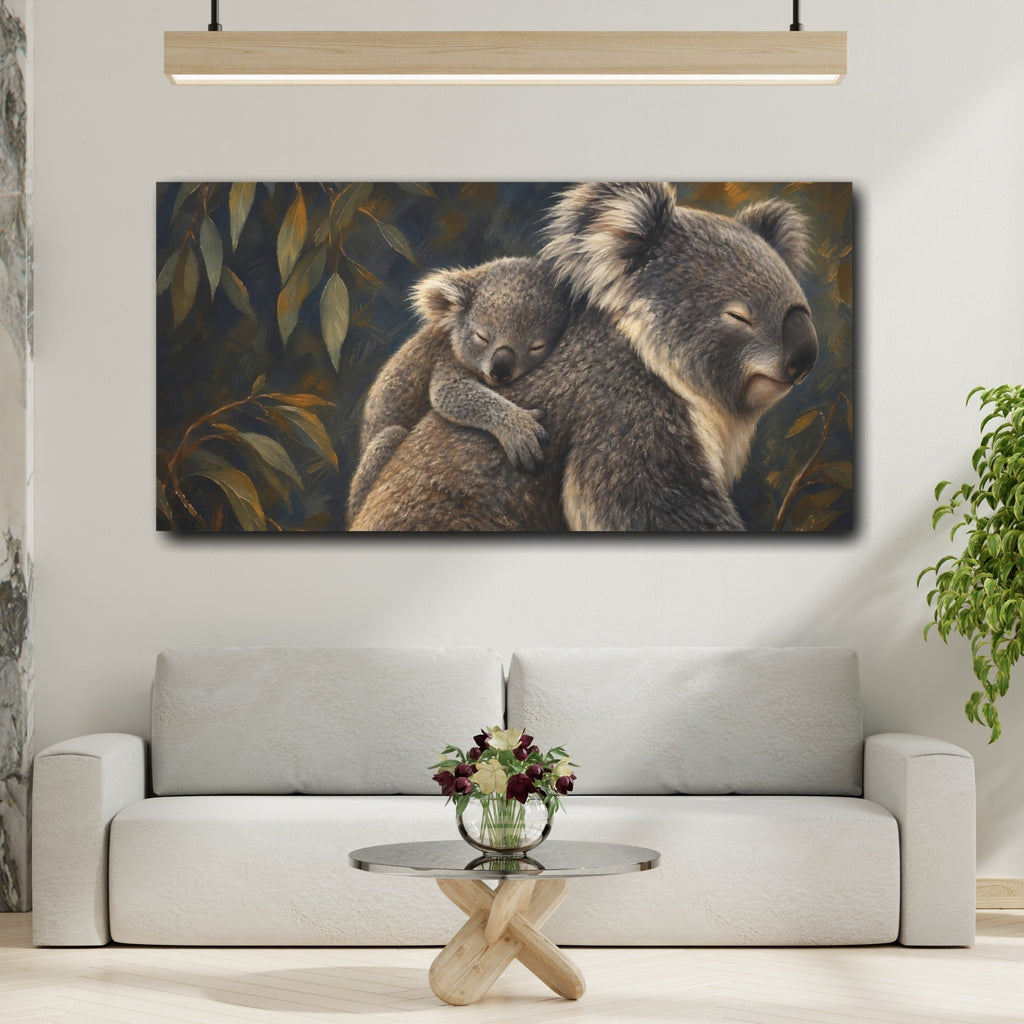 Mockup 2. Animals Koalas Koala Family shown as stretched canvas wall art