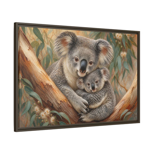Main Mockup. Animals Koalas Koala Mother Baby shown as stretched canvas wall art