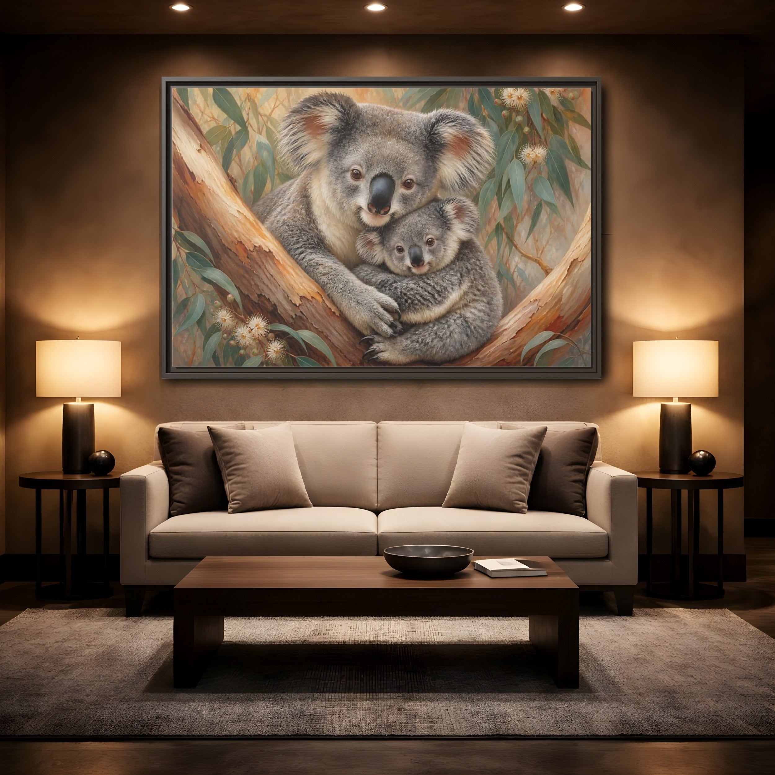 Mockup 2. Animals Koalas Koala Mother Baby shown as stretched canvas wall art