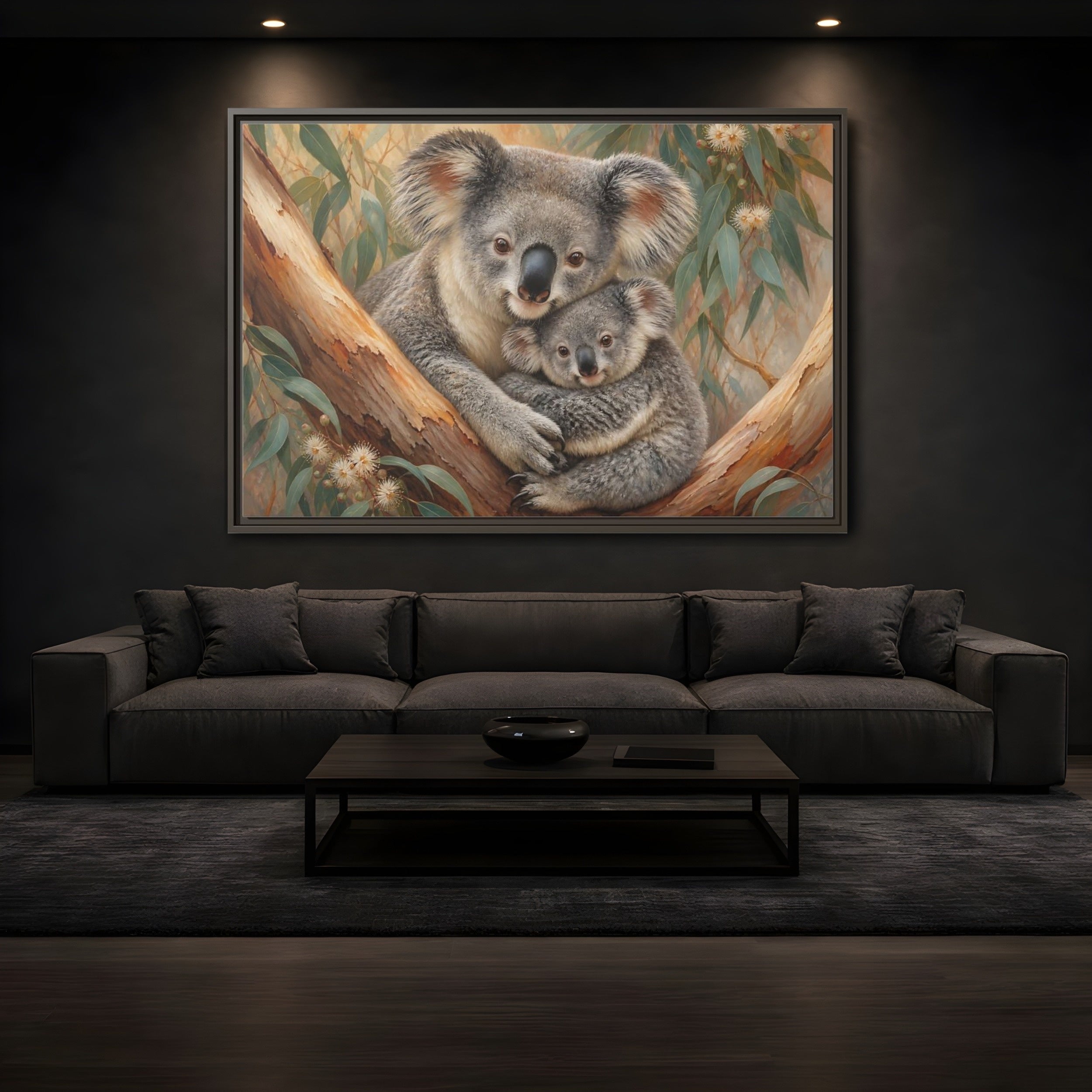 Mockup 3. Animals Koalas Koala Mother Baby shown as stretched canvas wall art