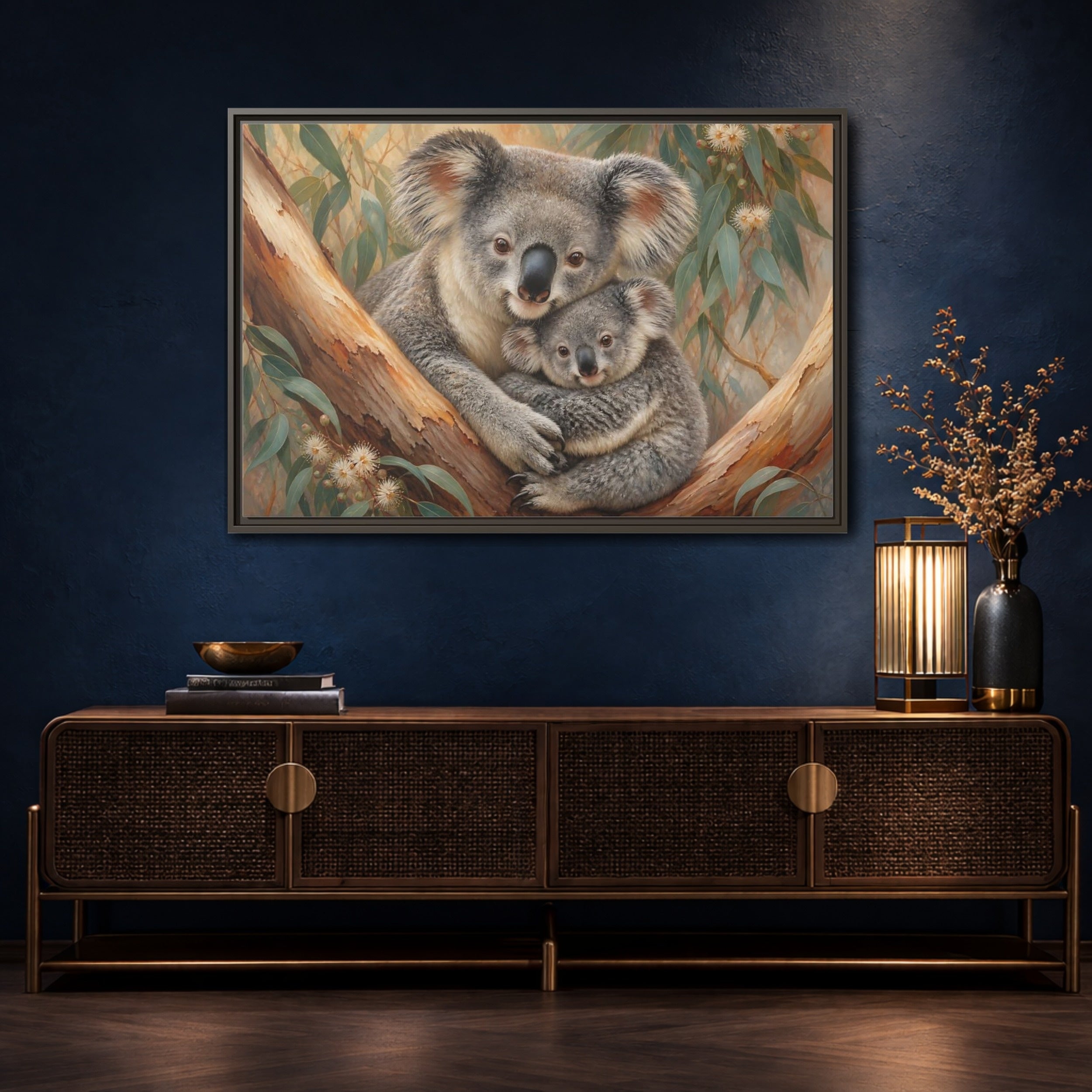 Mockup 4. Animals Koalas Koala Mother Baby shown as stretched canvas wall art