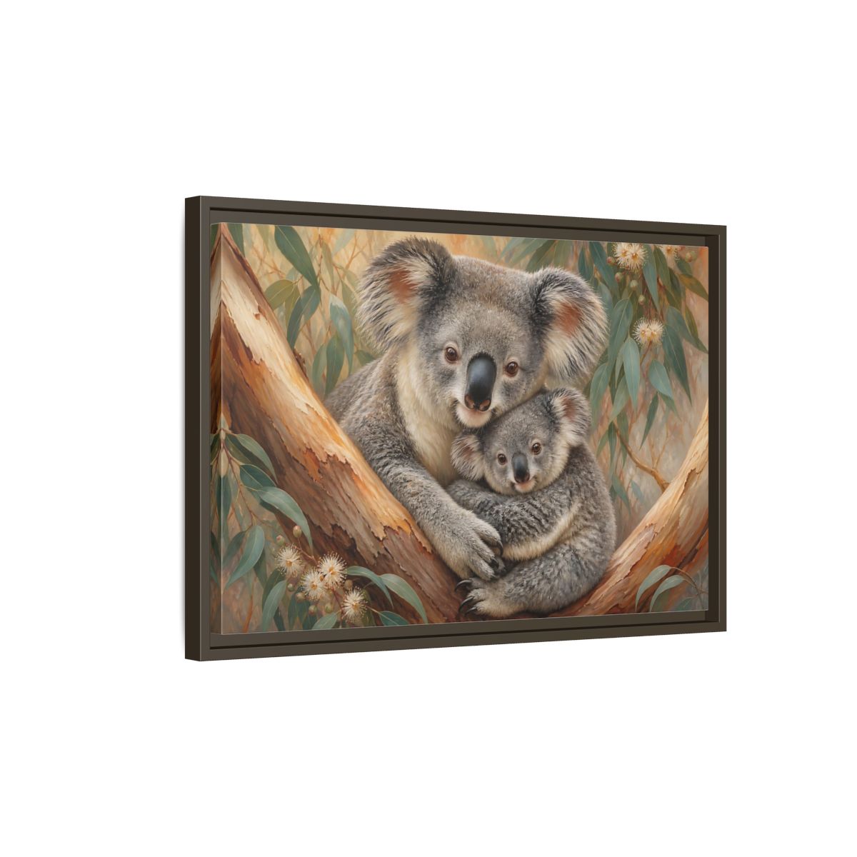 Side Mockup 2. Animals Koalas Koala Mother Baby shown as stretched canvas wall art