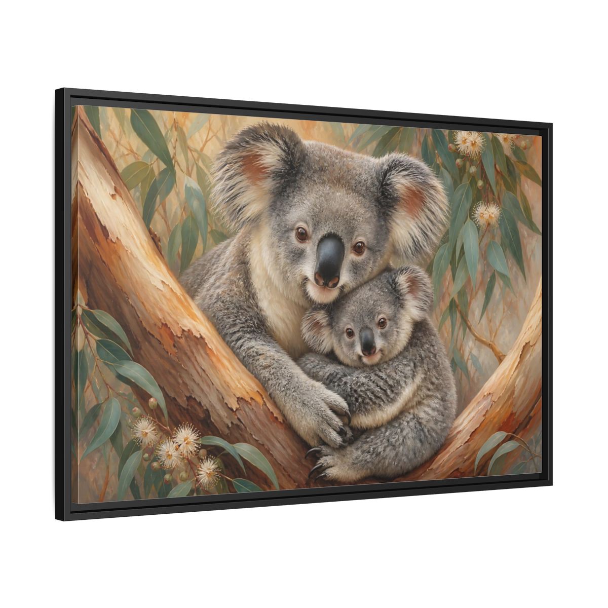Side Mockup 13. Animals Koalas Koala Mother Baby shown as stretched canvas wall art