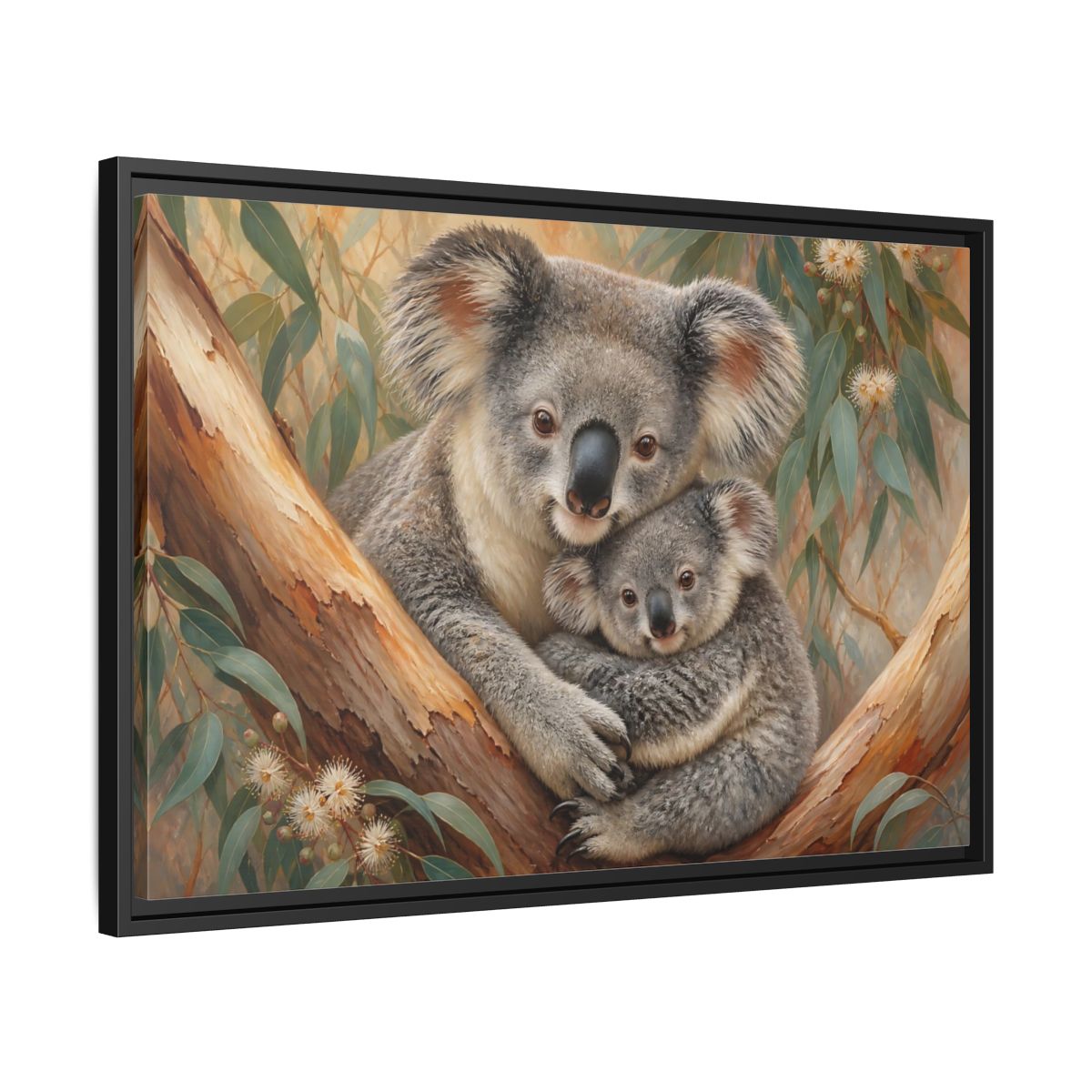 Side Mockup 14. Animals Koalas Koala Mother Baby shown as stretched canvas wall art