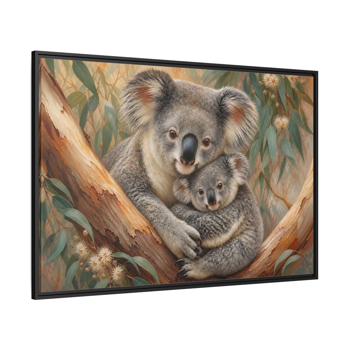Side Mockup 12. Animals Koalas Koala Mother Baby shown as stretched canvas wall art