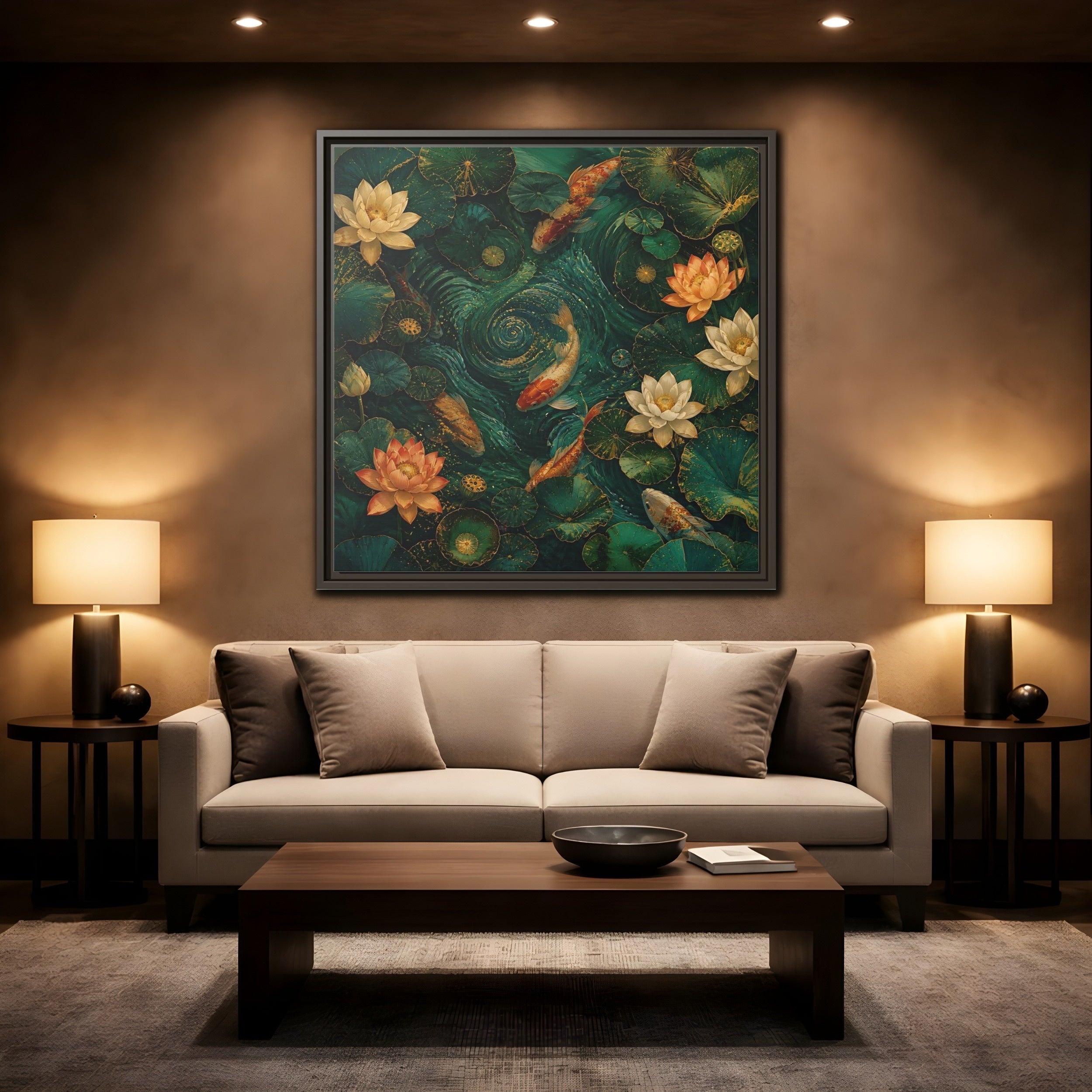 Mockup 2. Animals Koi Fish Green Koi Pond shown as stretched canvas wall art