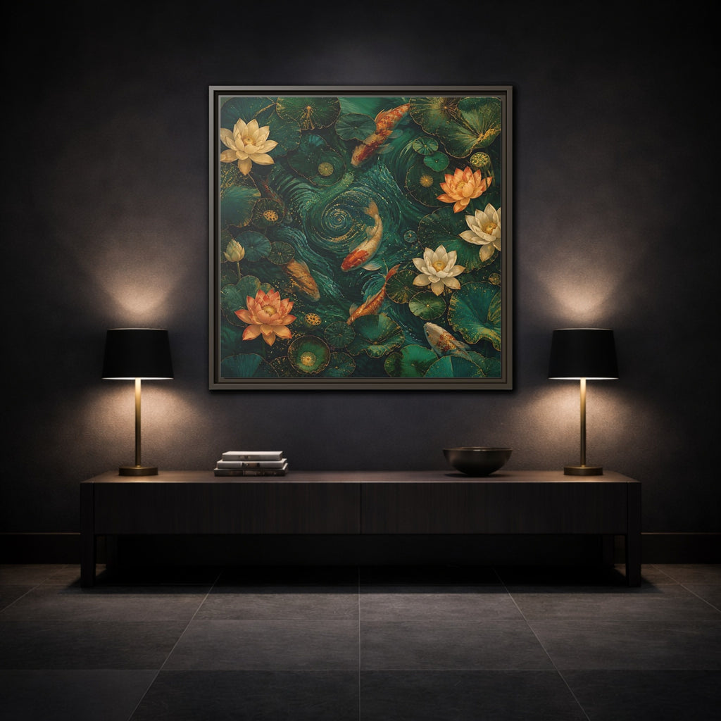 Mockup 3. Animals Koi Fish Green Koi Pond shown as stretched canvas wall art