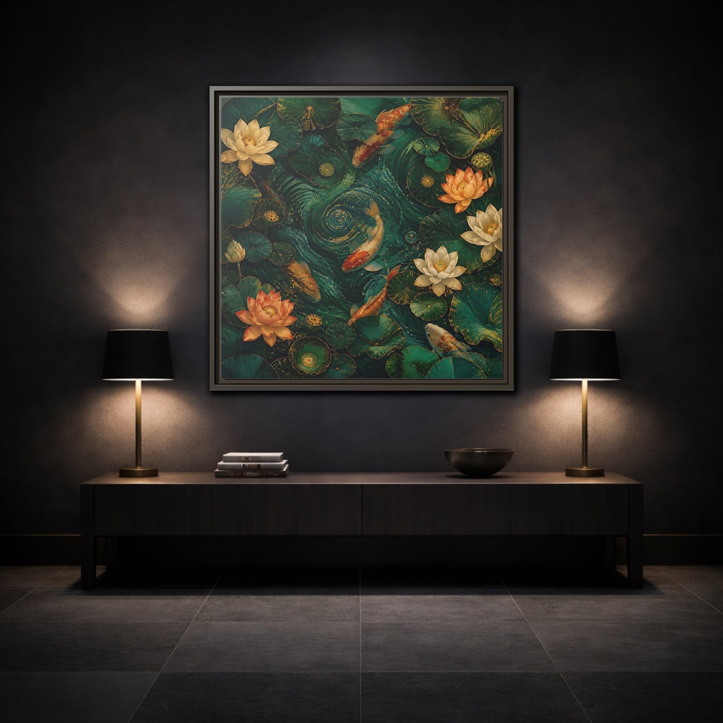 Mockup 3. Animals Koi Fish Green Koi Pond shown as stretched canvas wall art