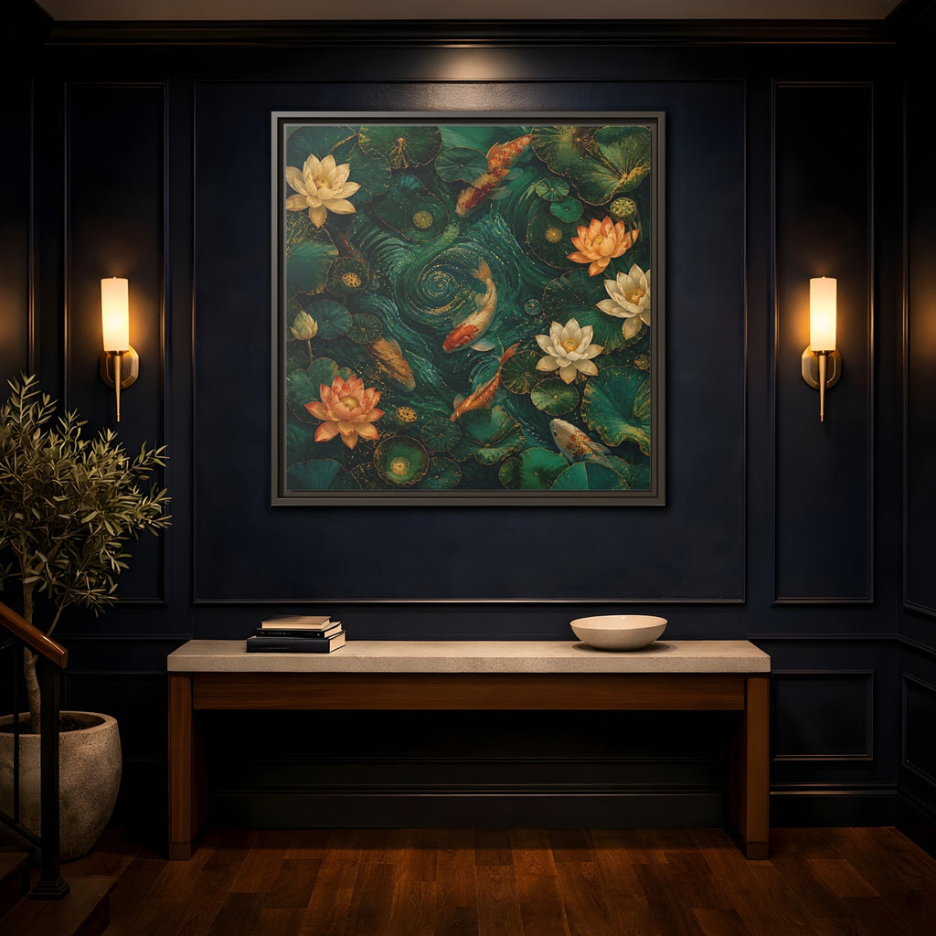 Mockup 4. Animals Koi Fish Green Koi Pond shown as stretched canvas wall art