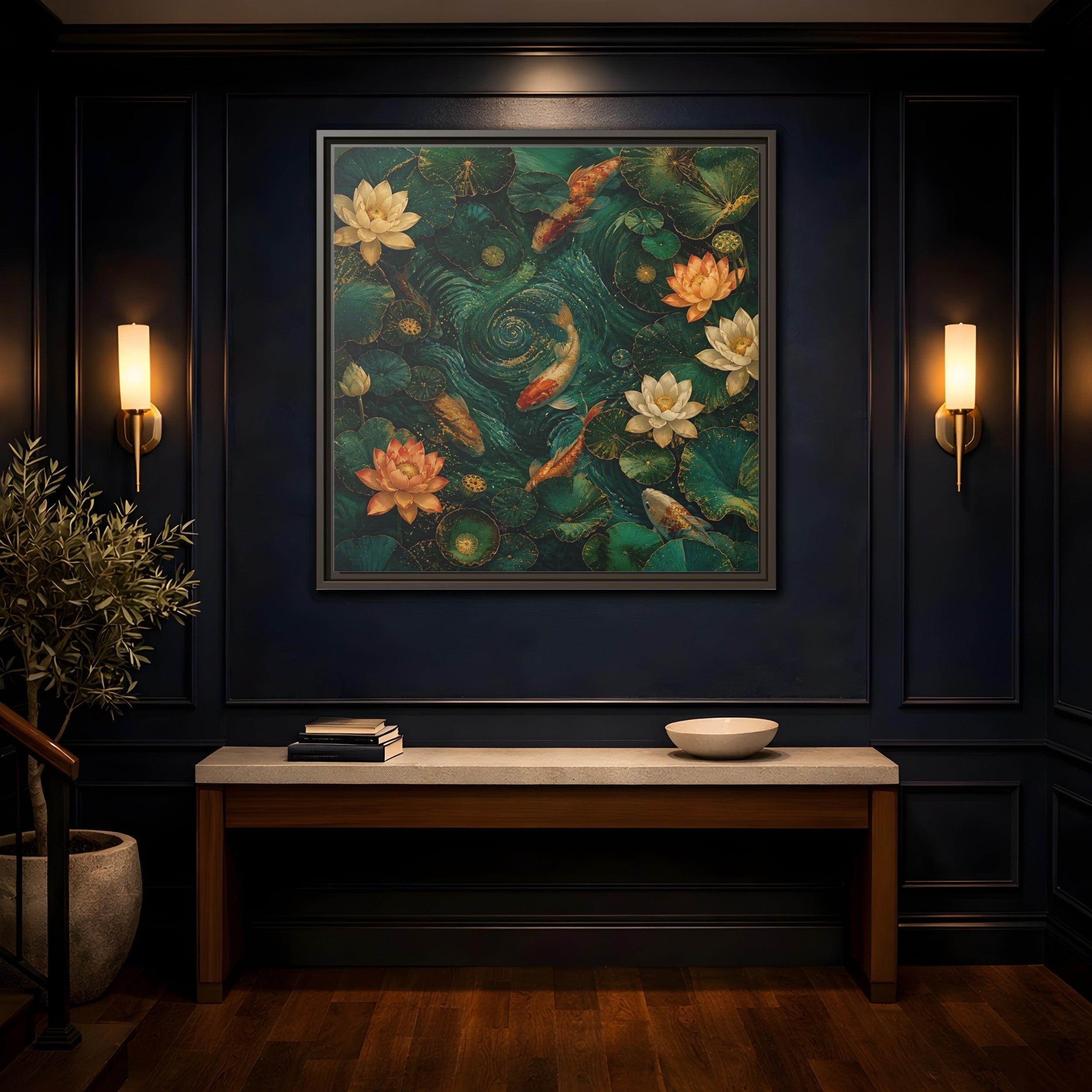 Mockup 4. Animals Koi Fish Green Koi Pond shown as stretched canvas wall art
