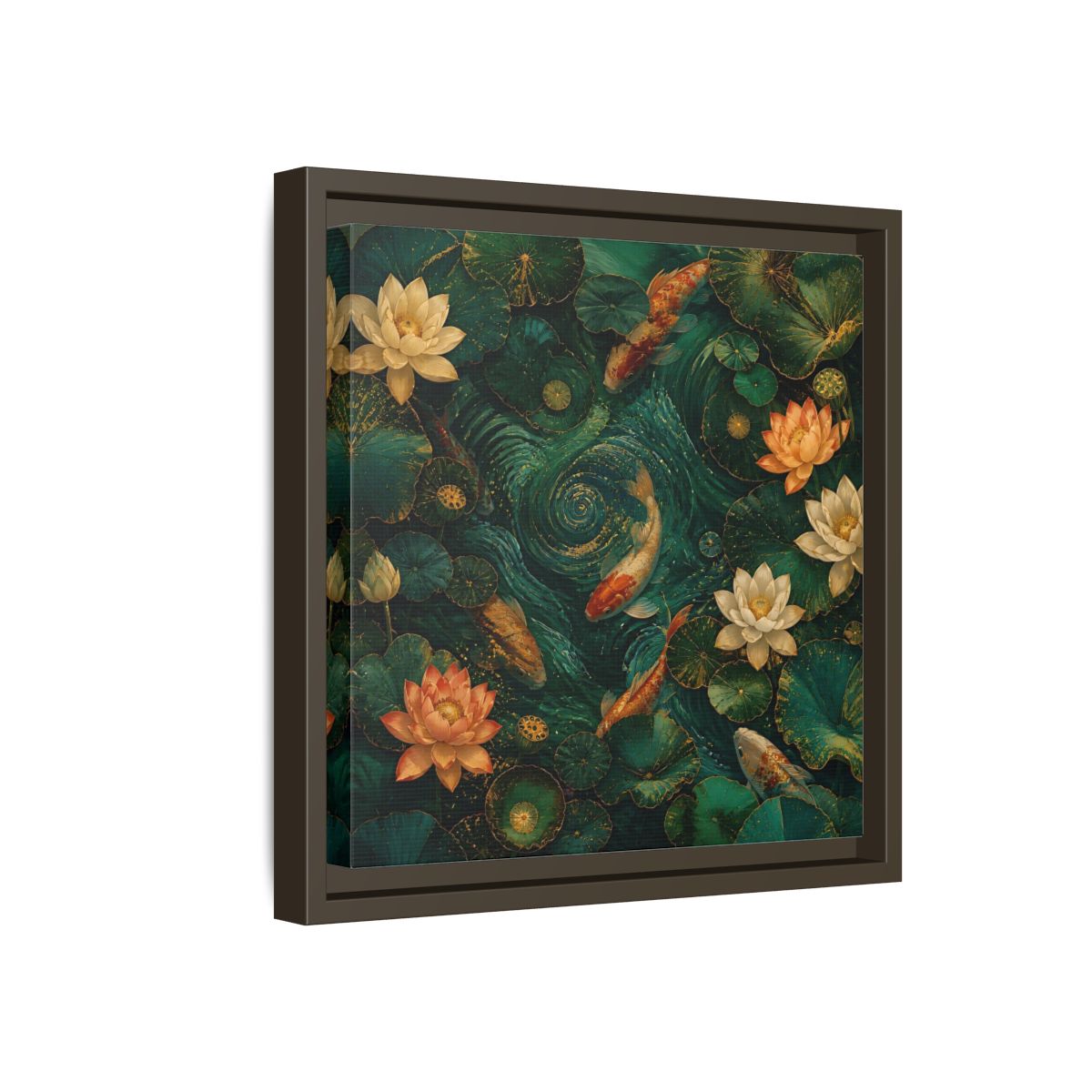 Side Mockup 17. Animals Koi Fish Green Koi Pond shown as stretched canvas wall art