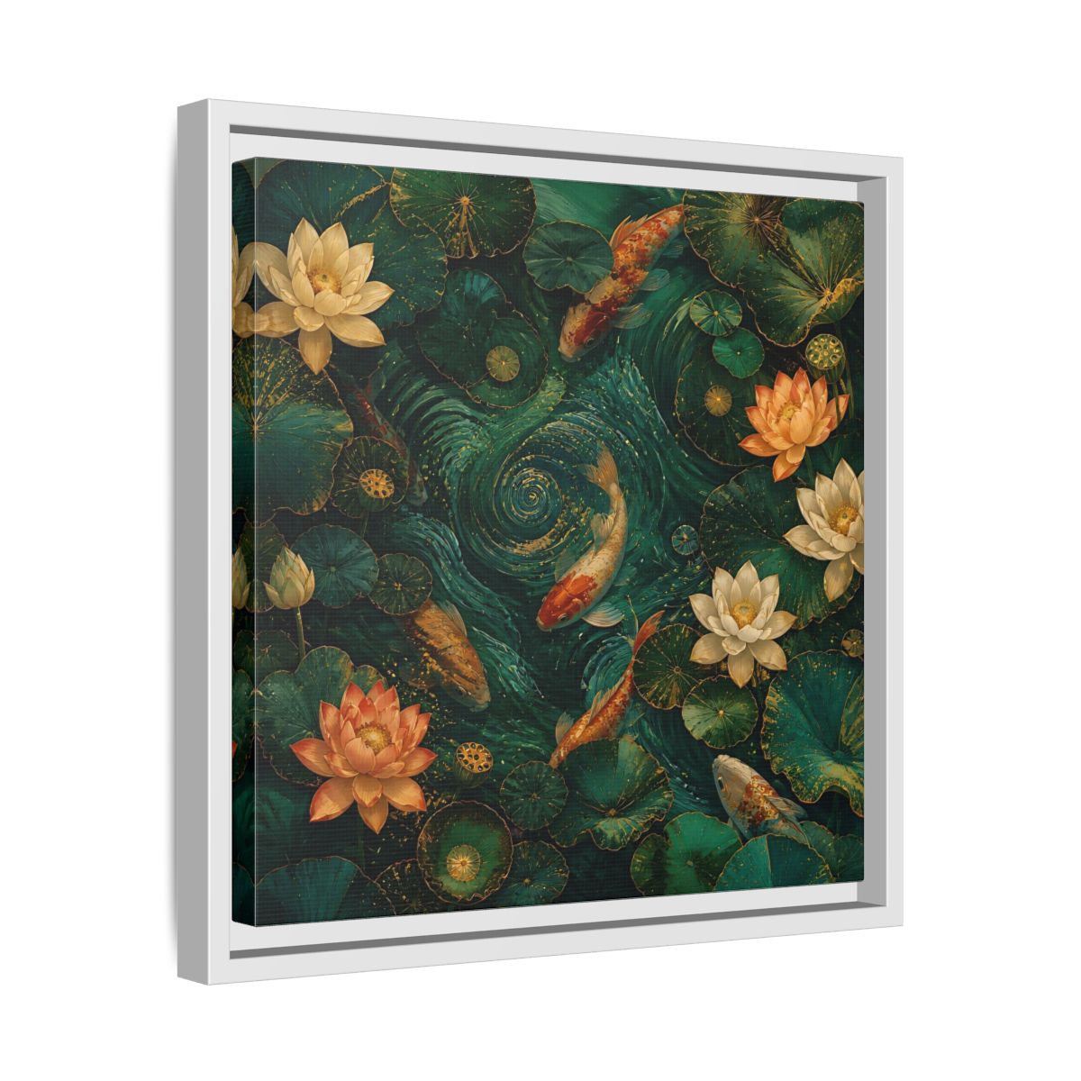 Side Mockup 28. Animals Koi Fish Green Koi Pond shown as stretched canvas wall art