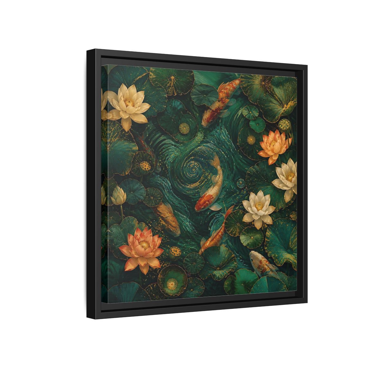Side Mockup 15. Animals Koi Fish Green Koi Pond shown as stretched canvas wall art