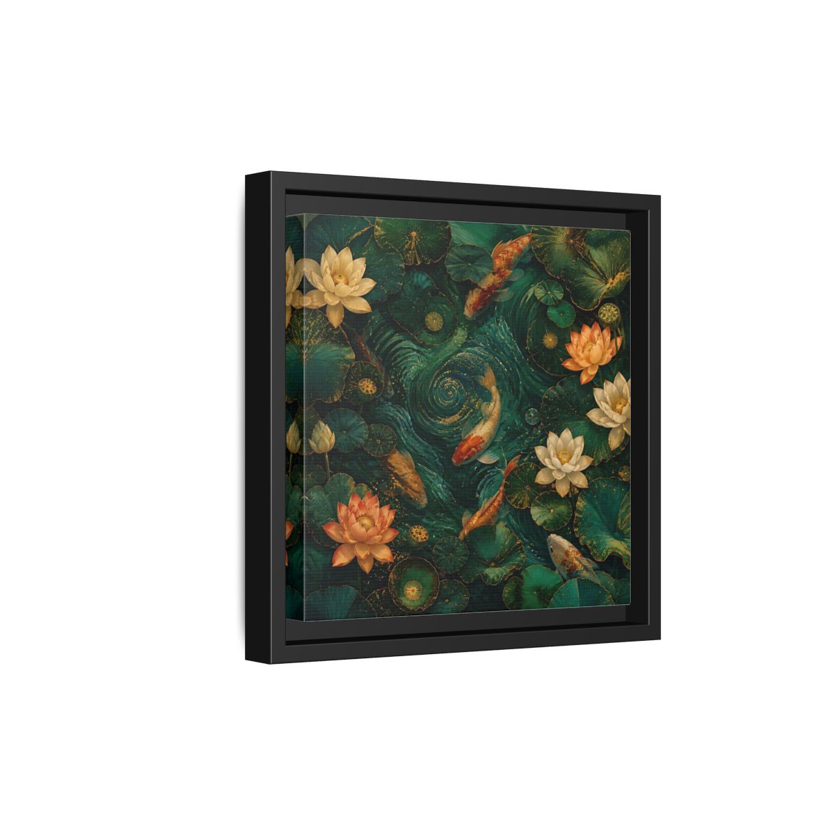 Side Mockup 21. Animals Koi Fish Green Koi Pond shown as stretched canvas wall art