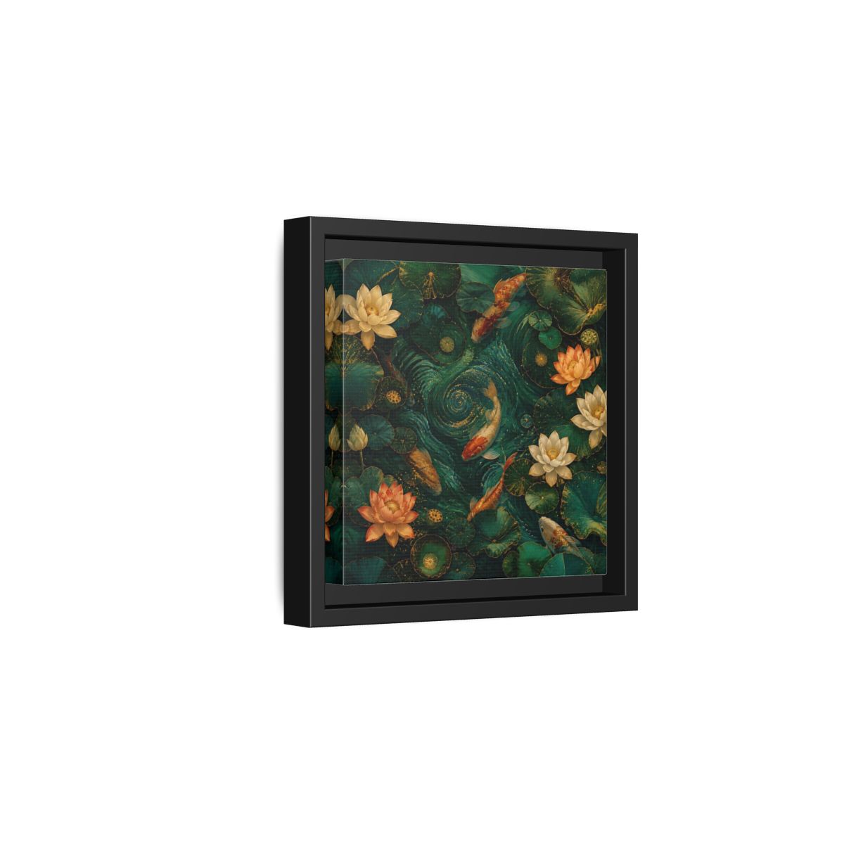 Side Mockup 3. Animals Koi Fish Green Koi Pond shown as stretched canvas wall art