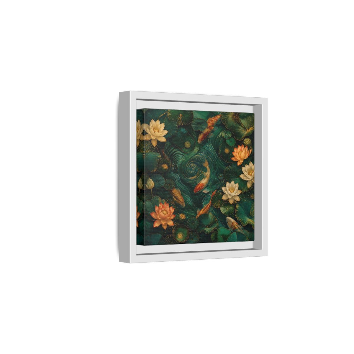 Side Mockup 1. Animals Koi Fish Green Koi Pond shown as stretched canvas wall art