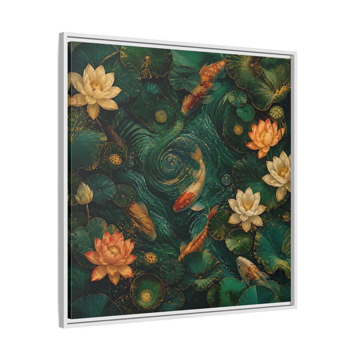 Side Mockup 25. Animals Koi Fish Green Koi Pond shown as stretched canvas wall art