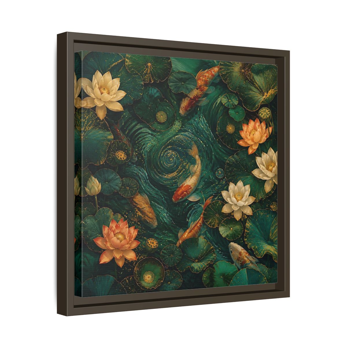 Side Mockup 29. Animals Koi Fish Green Koi Pond shown as stretched canvas wall art