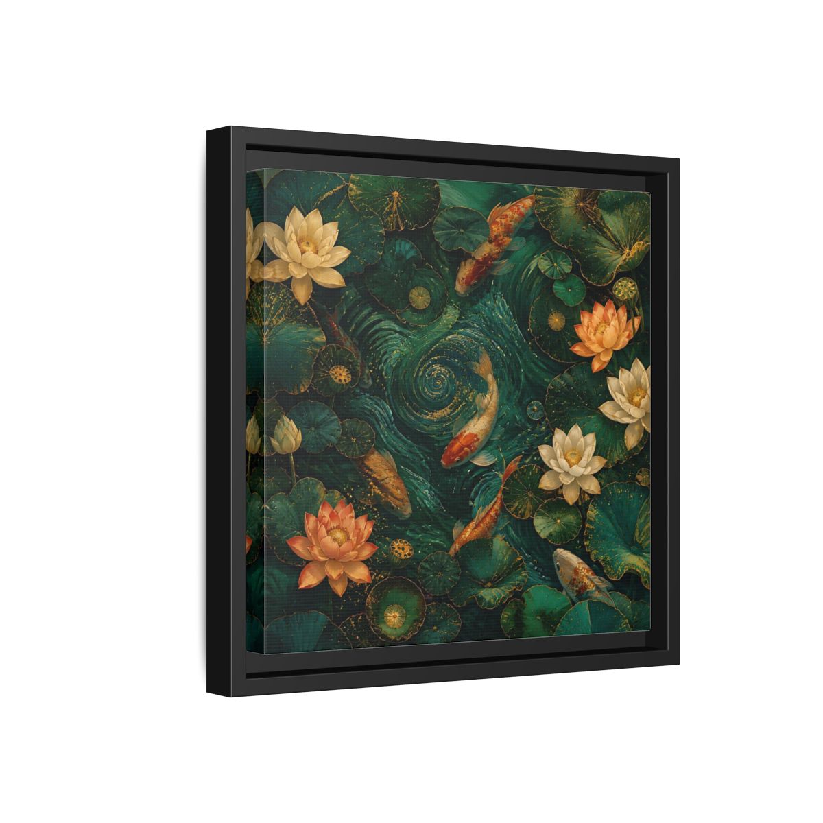 Side Mockup 18. Animals Koi Fish Green Koi Pond shown as stretched canvas wall art