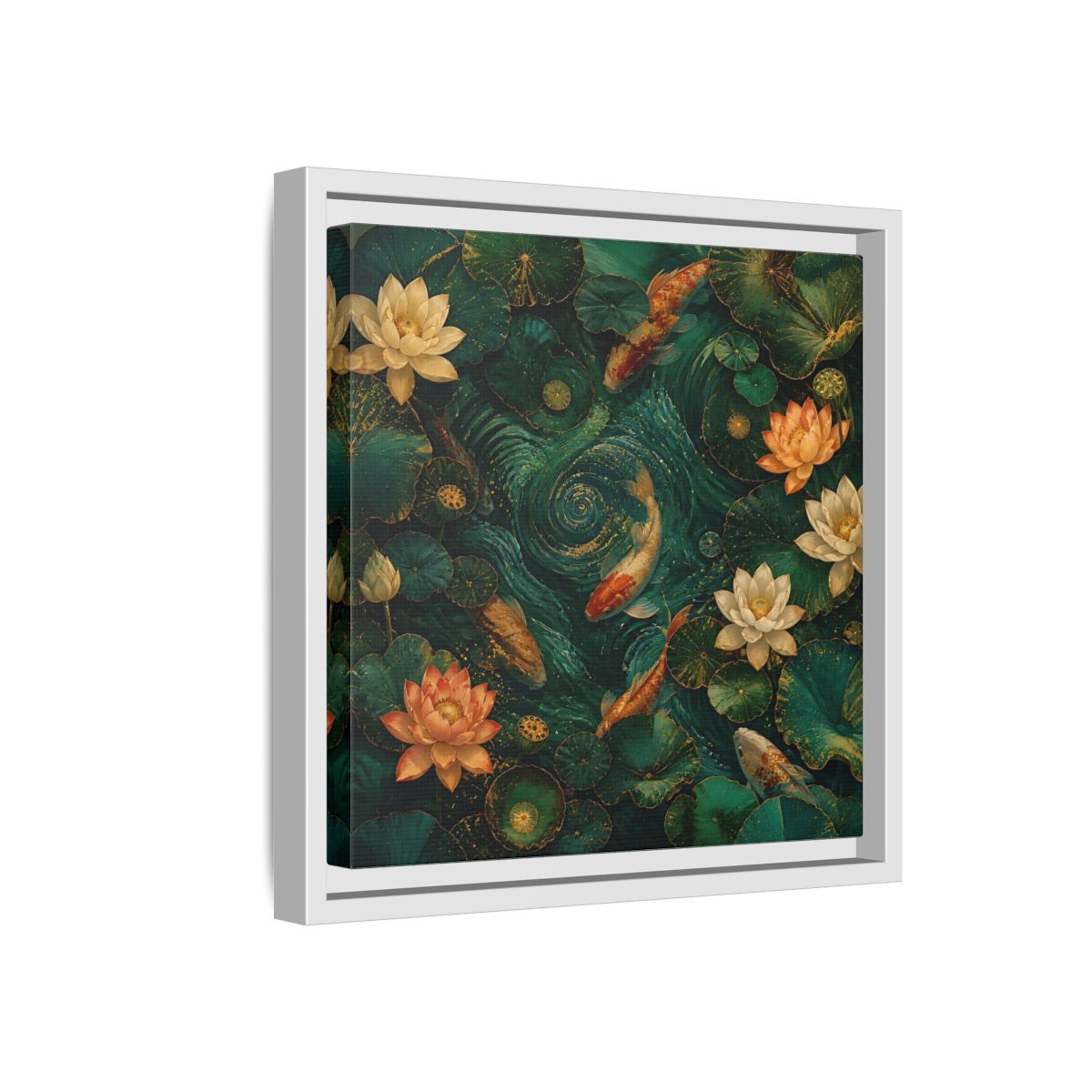 Side Mockup 16. Animals Koi Fish Green Koi Pond shown as stretched canvas wall art