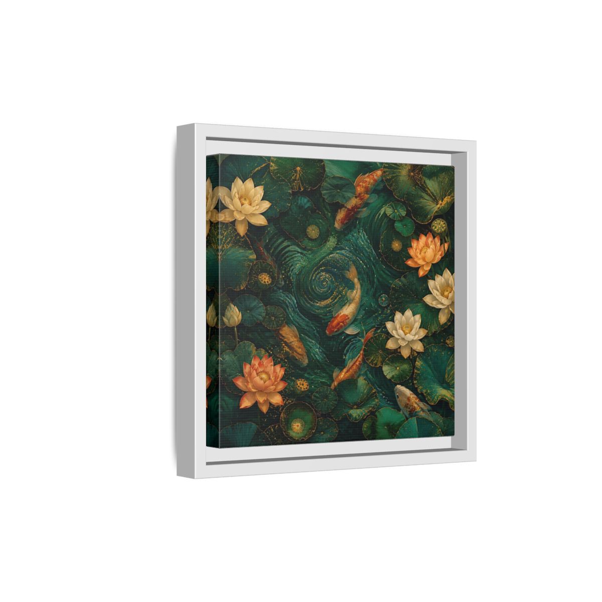 Side Mockup 19. Animals Koi Fish Green Koi Pond shown as stretched canvas wall art