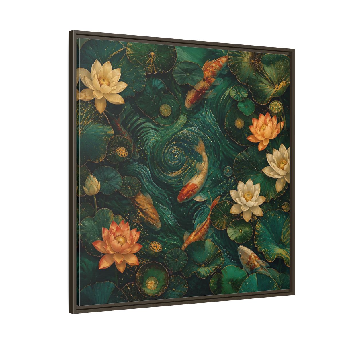 Side Mockup 5. Animals Koi Fish Green Koi Pond shown as stretched canvas wall art