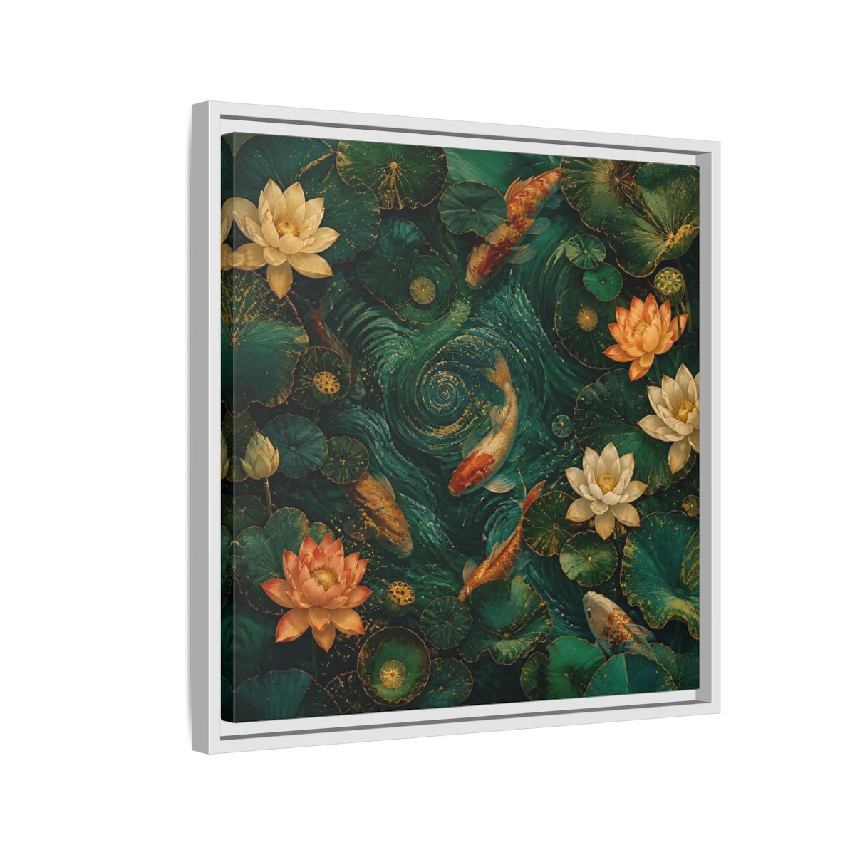 Side Mockup 10. Animals Koi Fish Green Koi Pond shown as stretched canvas wall art