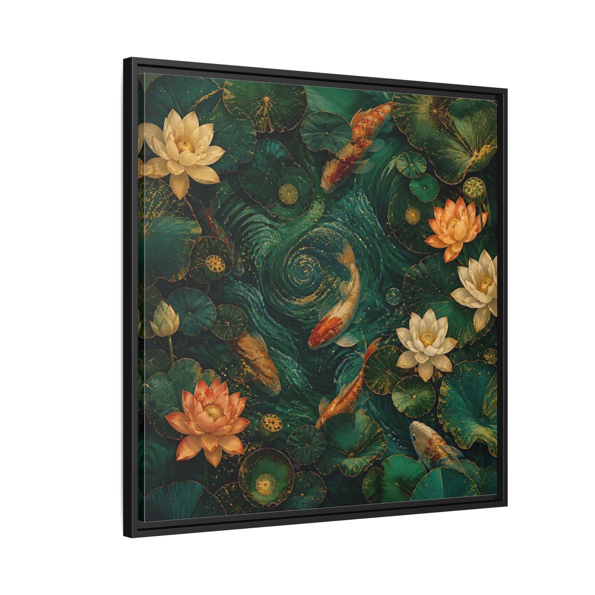 Side Mockup 9. Animals Koi Fish Green Koi Pond shown as stretched canvas wall art