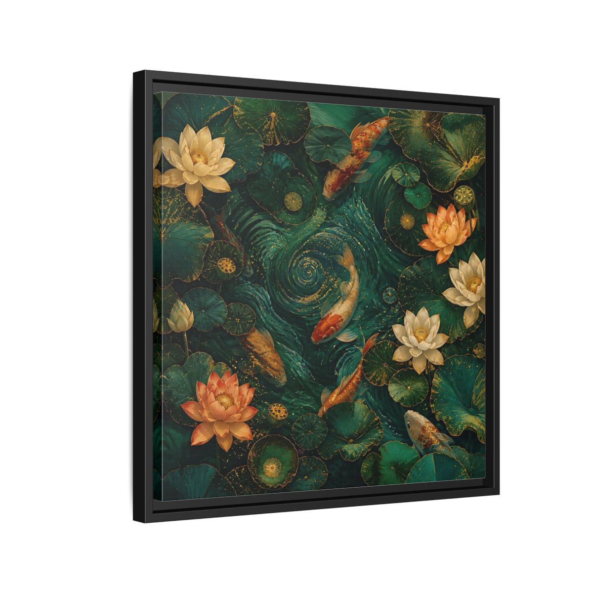 Side Mockup 12. Animals Koi Fish Green Koi Pond shown as stretched canvas wall art