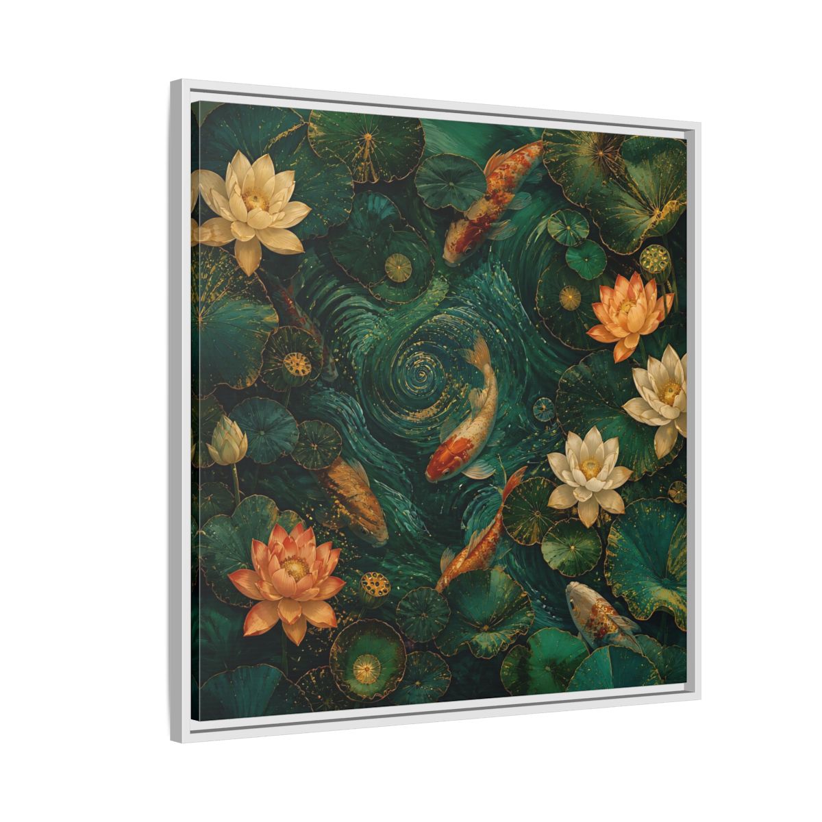 Side Mockup 7. Animals Koi Fish Green Koi Pond shown as stretched canvas wall art