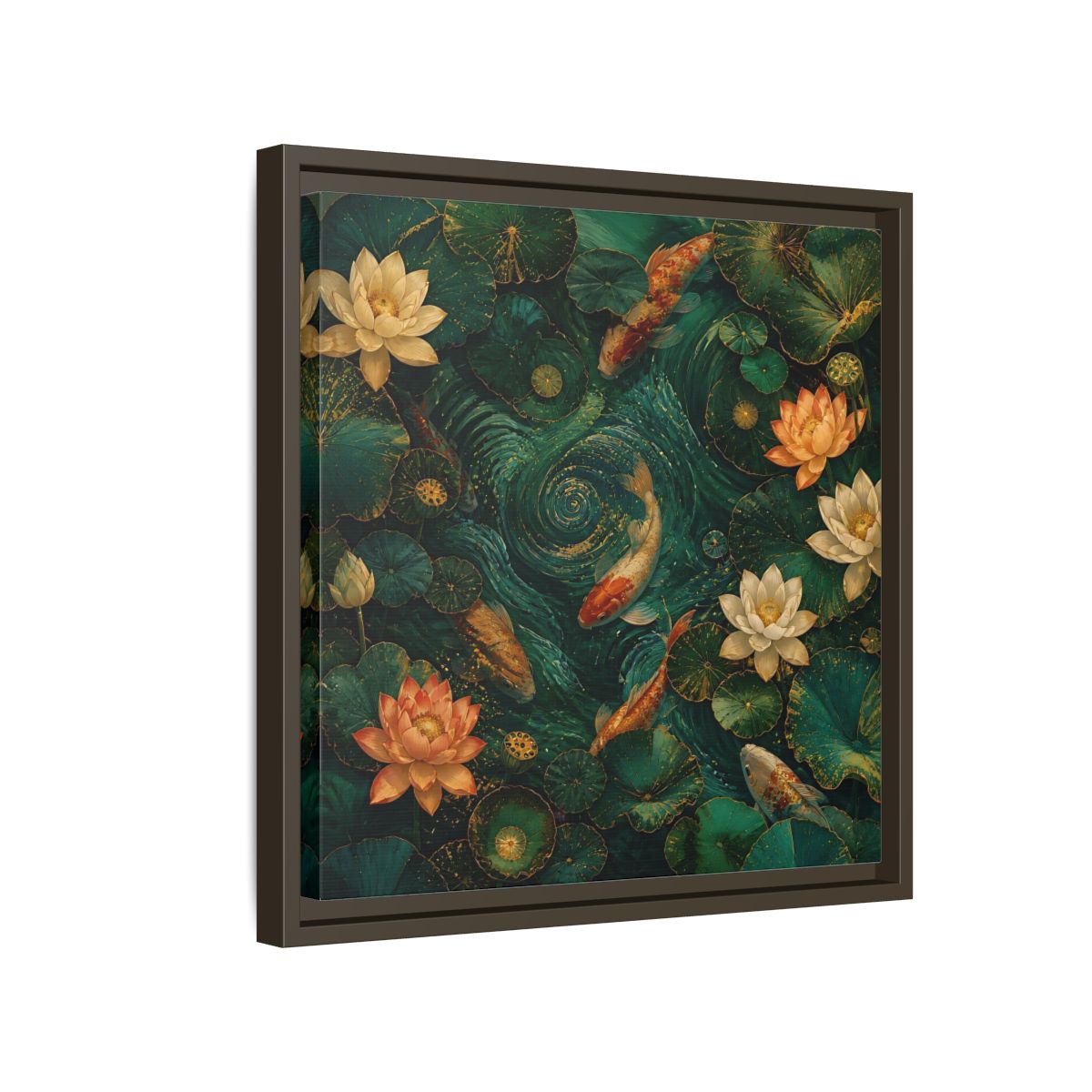 Side Mockup 14. Animals Koi Fish Green Koi Pond shown as stretched canvas wall art