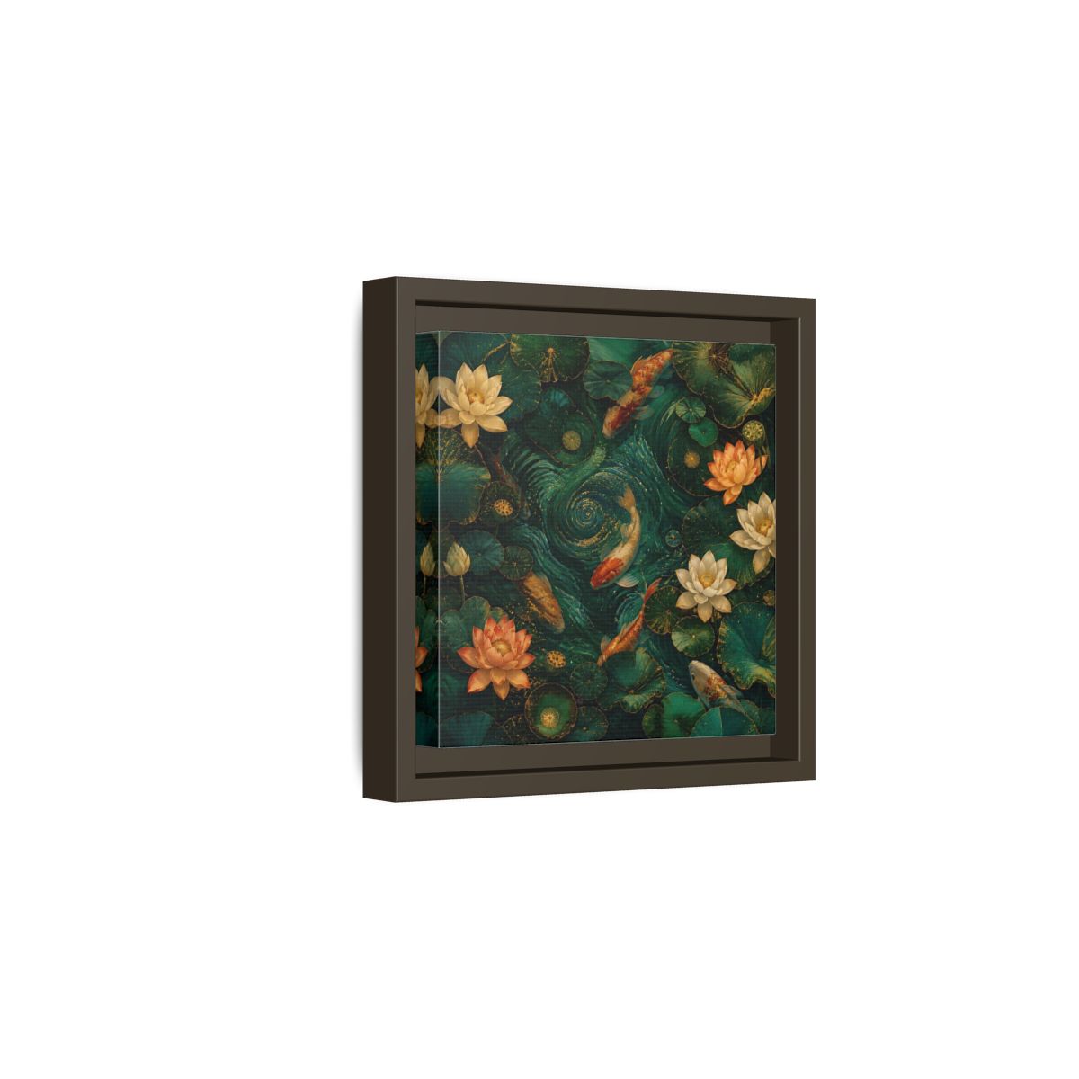 Side Mockup 2. Animals Koi Fish Green Koi Pond shown as stretched canvas wall art