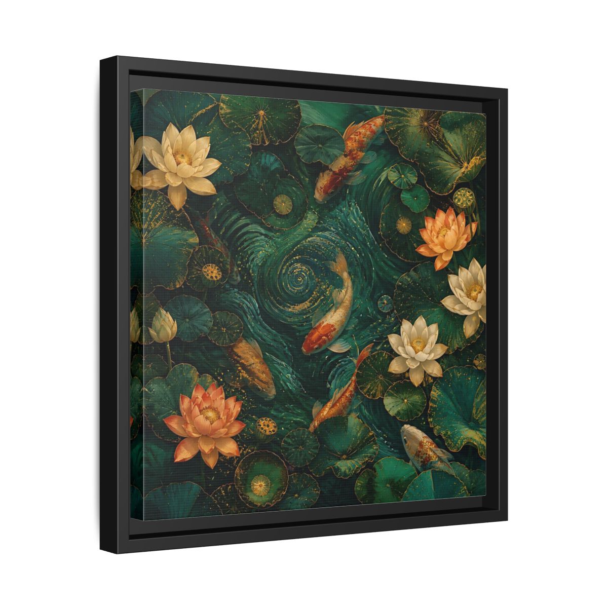 Side Mockup 32. Animals Koi Fish Green Koi Pond shown as stretched canvas wall art
