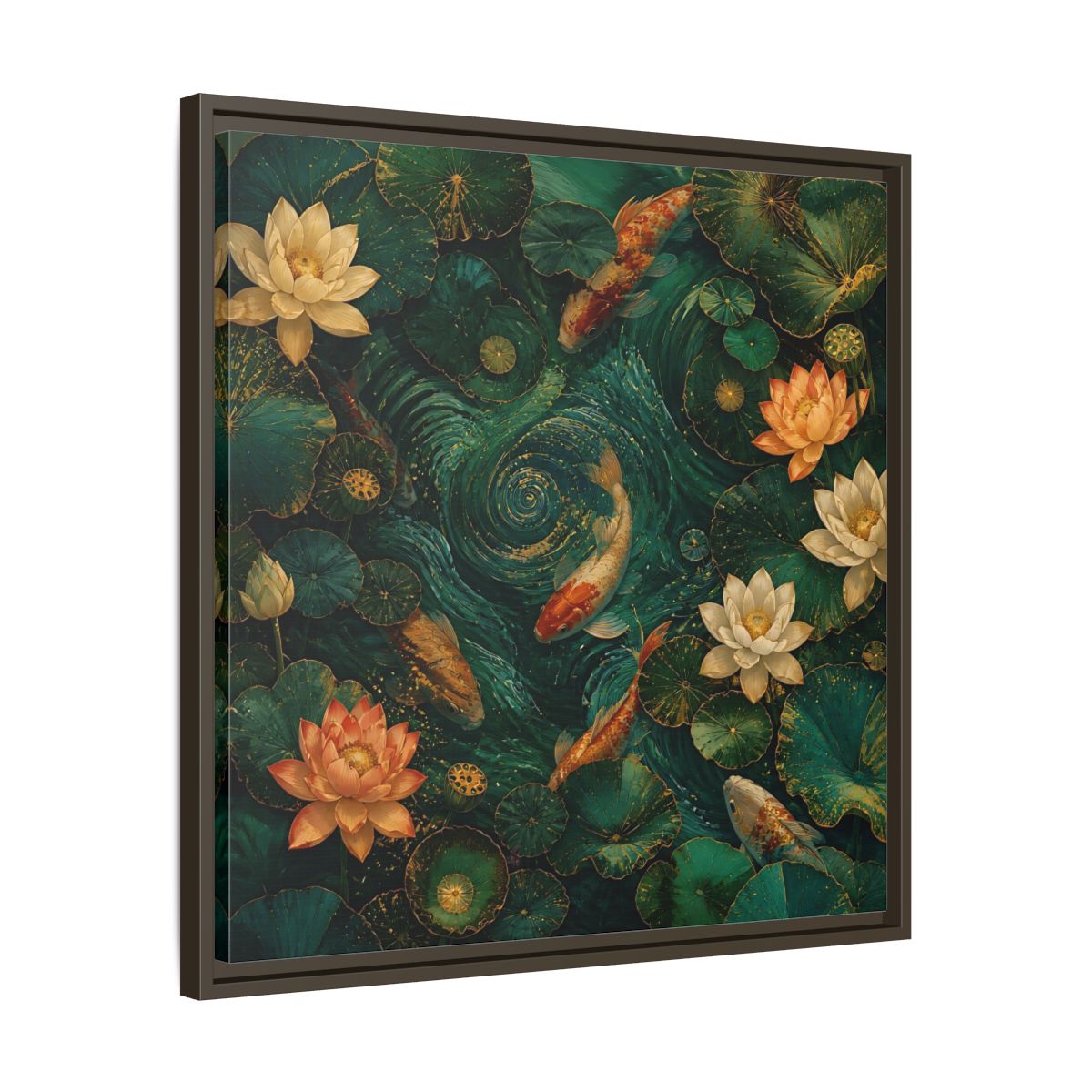 Side Mockup 27. Animals Koi Fish Green Koi Pond shown as stretched canvas wall art