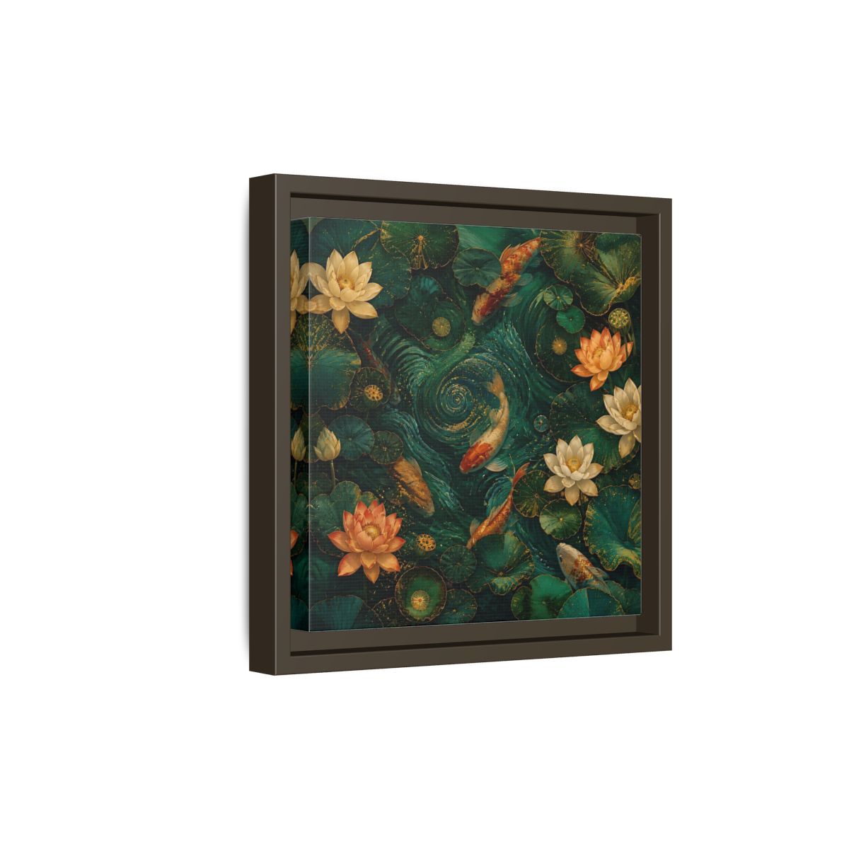 Side Mockup 20. Animals Koi Fish Green Koi Pond shown as stretched canvas wall art