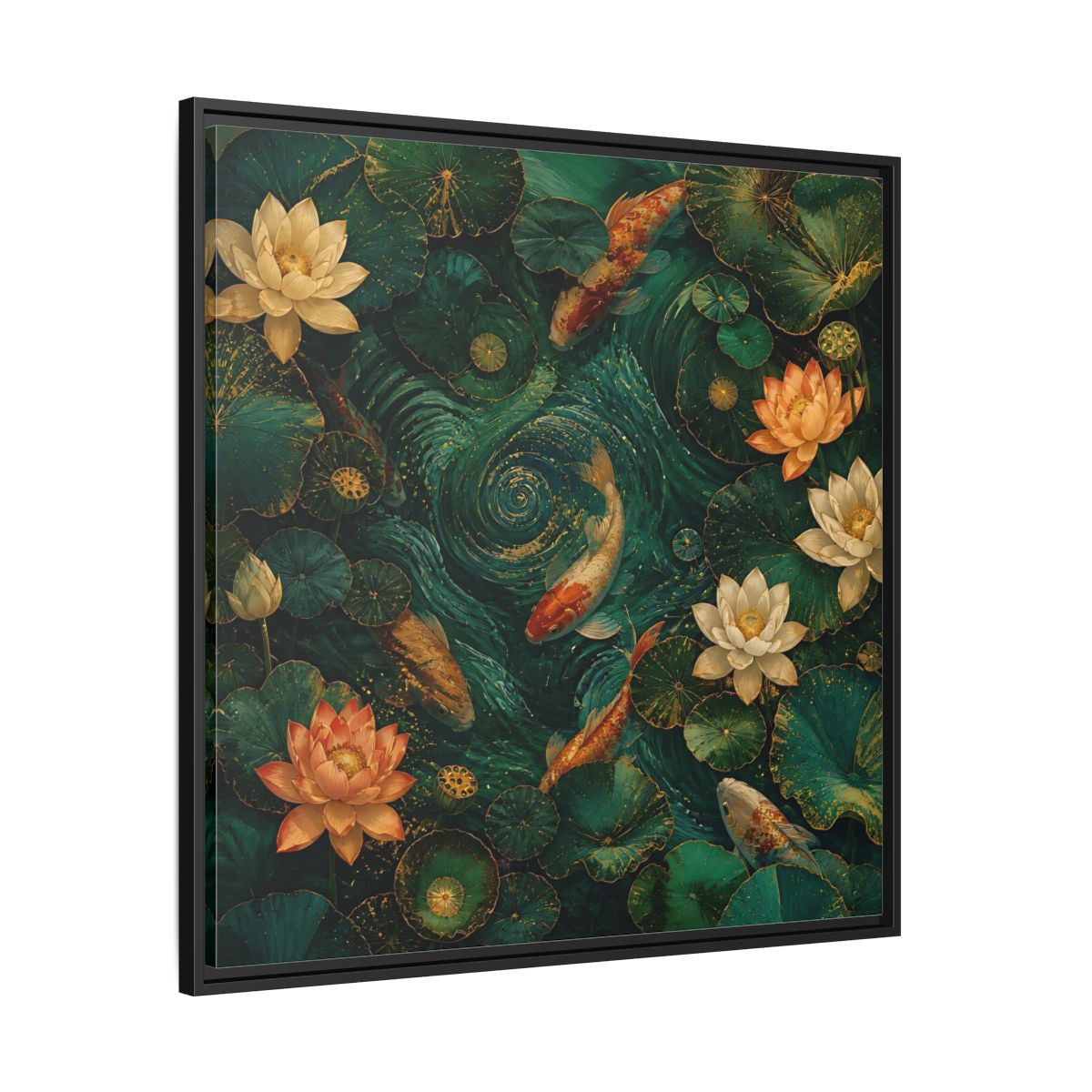 Side Mockup 30. Animals Koi Fish Green Koi Pond shown as stretched canvas wall art