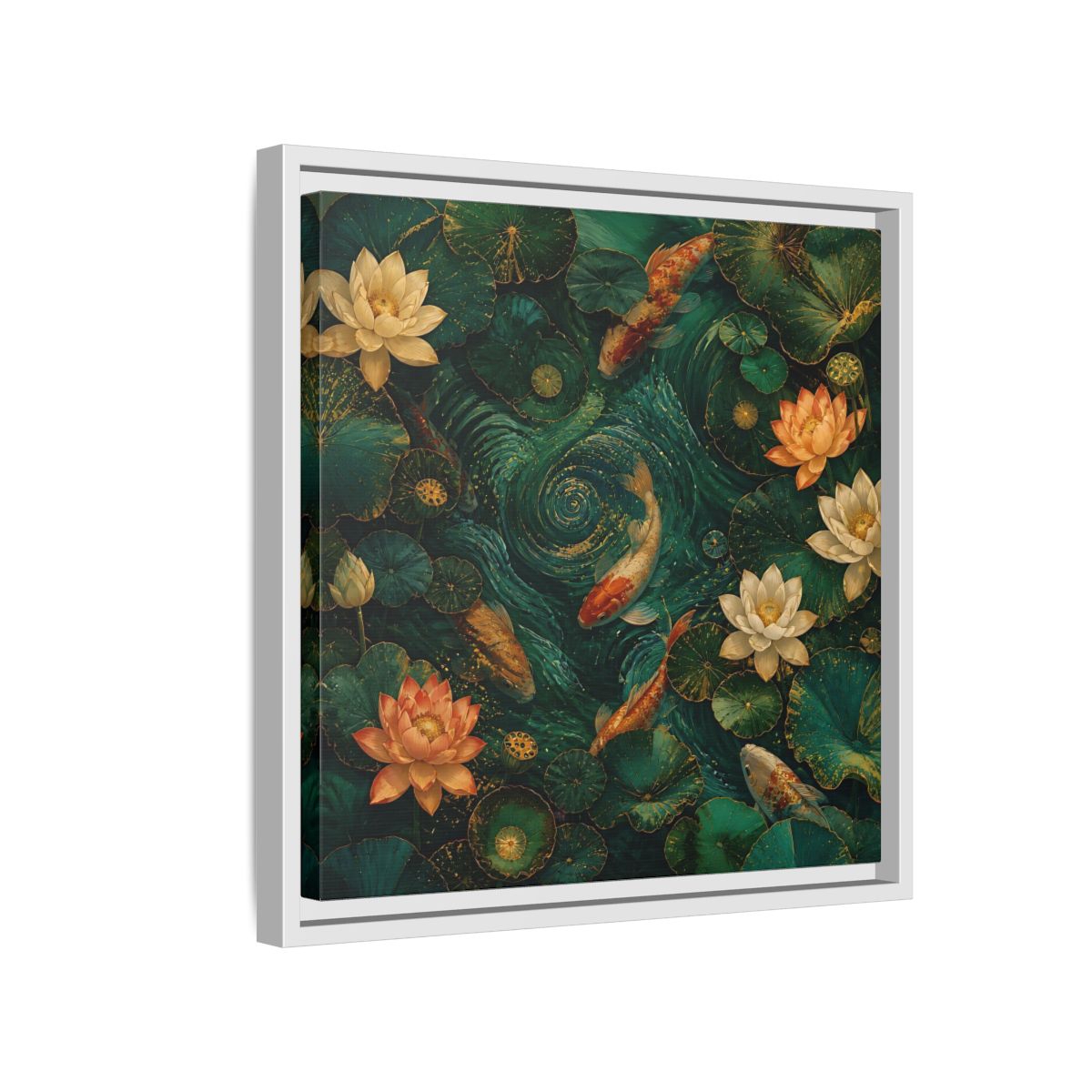 Side Mockup 13. Animals Koi Fish Green Koi Pond shown as stretched canvas wall art