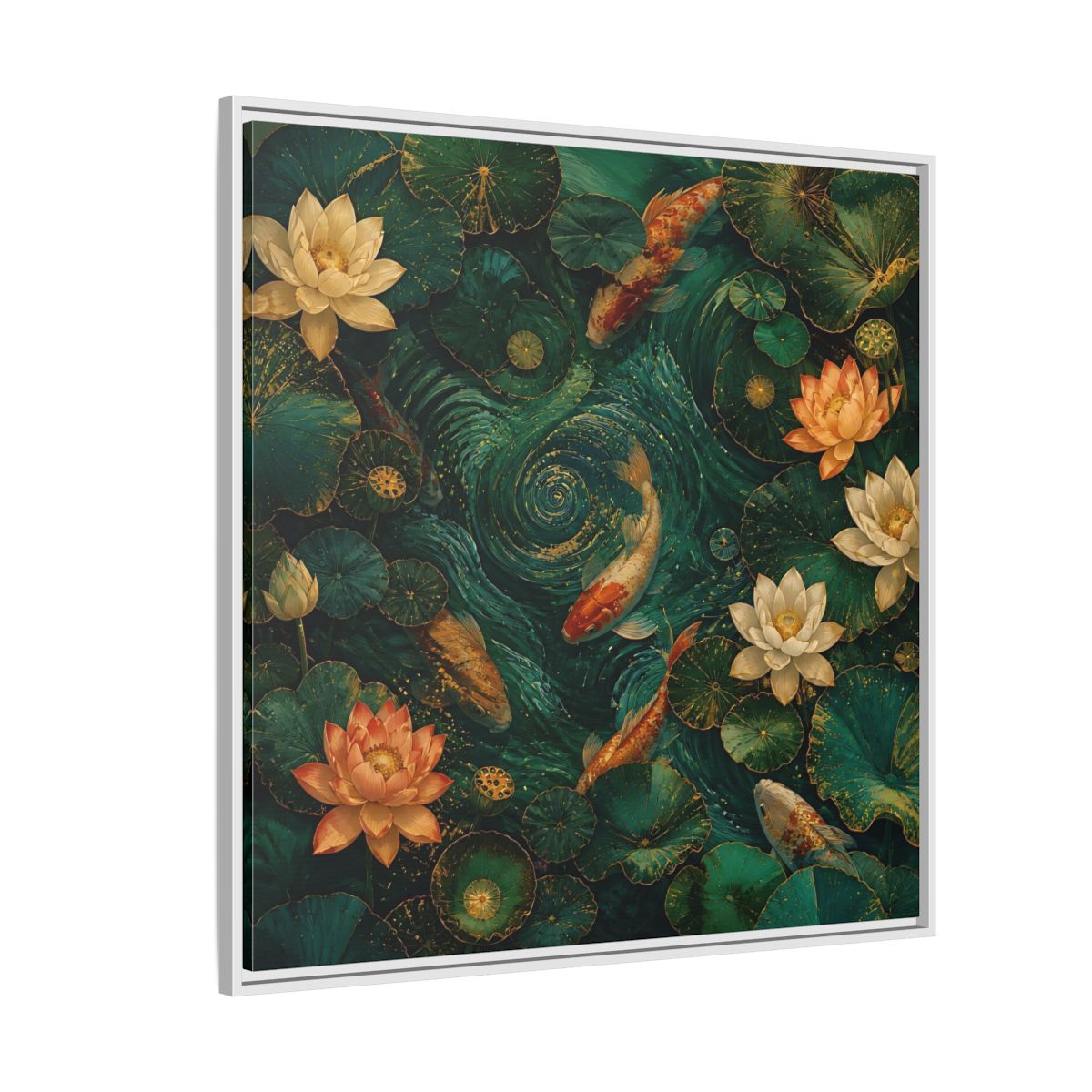 Side Mockup 4. Animals Koi Fish Green Koi Pond shown as stretched canvas wall art