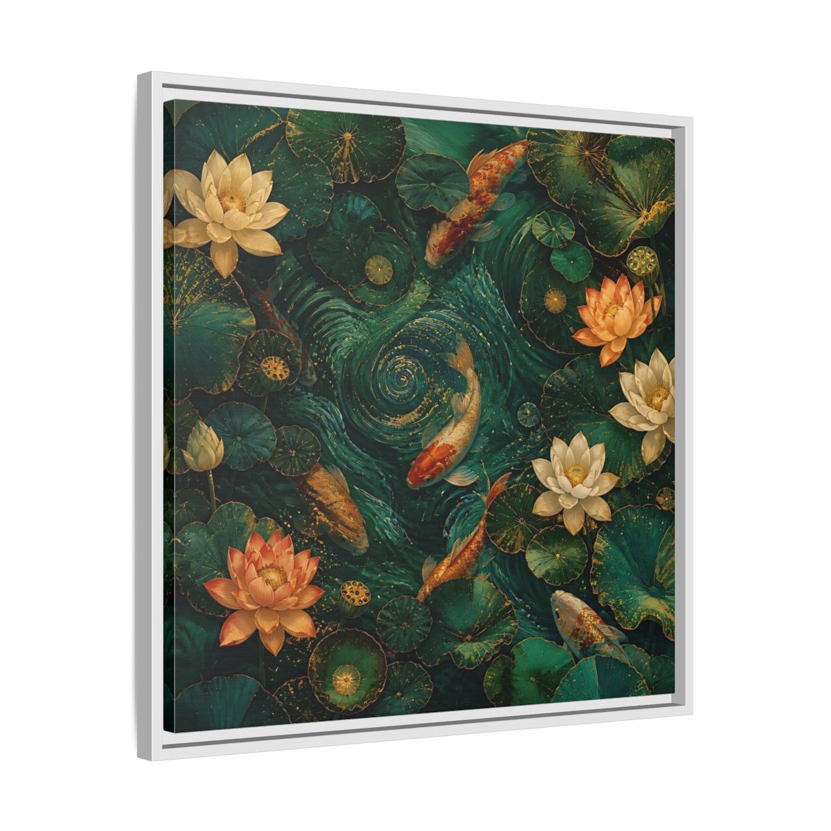 Side Mockup 26. Animals Koi Fish Green Koi Pond shown as stretched canvas wall art