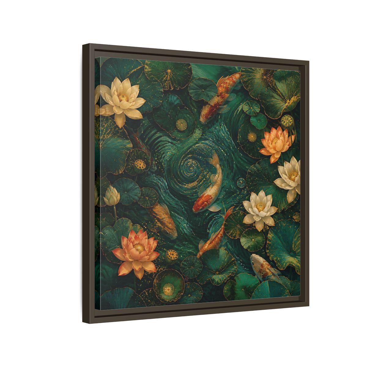 Side Mockup 11. Animals Koi Fish Green Koi Pond shown as stretched canvas wall art