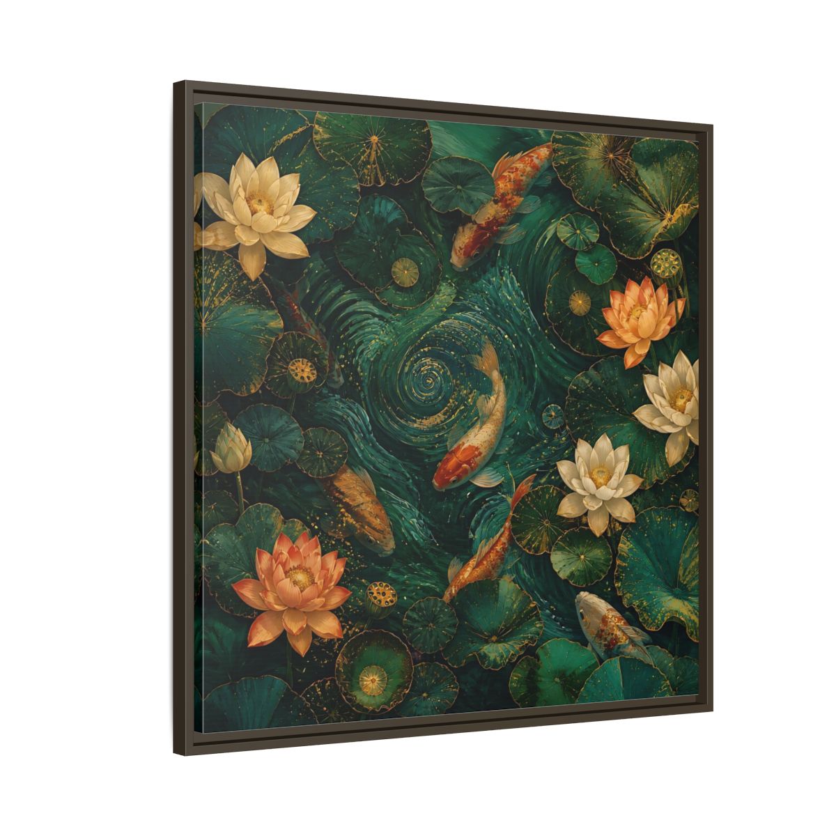 Side Mockup 8. Animals Koi Fish Green Koi Pond shown as stretched canvas wall art