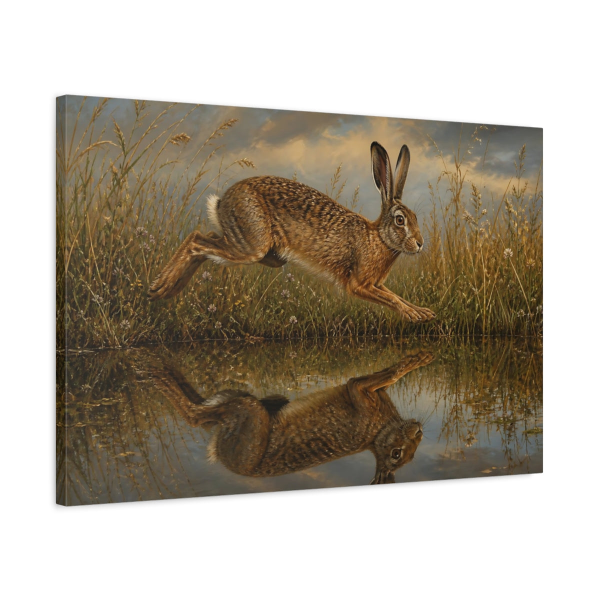 Side Mockup 2. Animals Leaping Hare Brown Hare shown as stretched canvas wall art